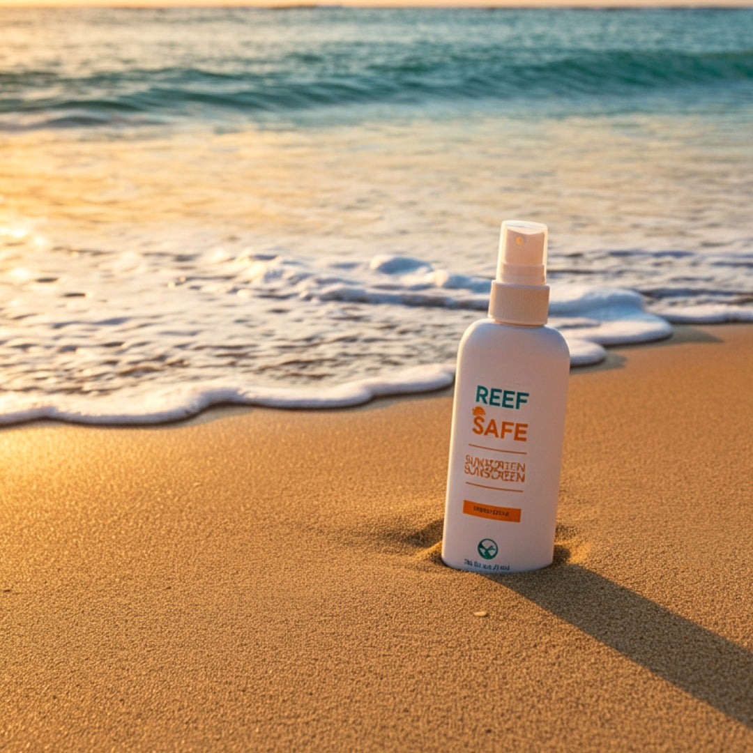 Eco-friendly sunscreen bottle labeled 'Reef Safe Sunscreen' on a sandy beach with ocean waves and sun rays in the background.