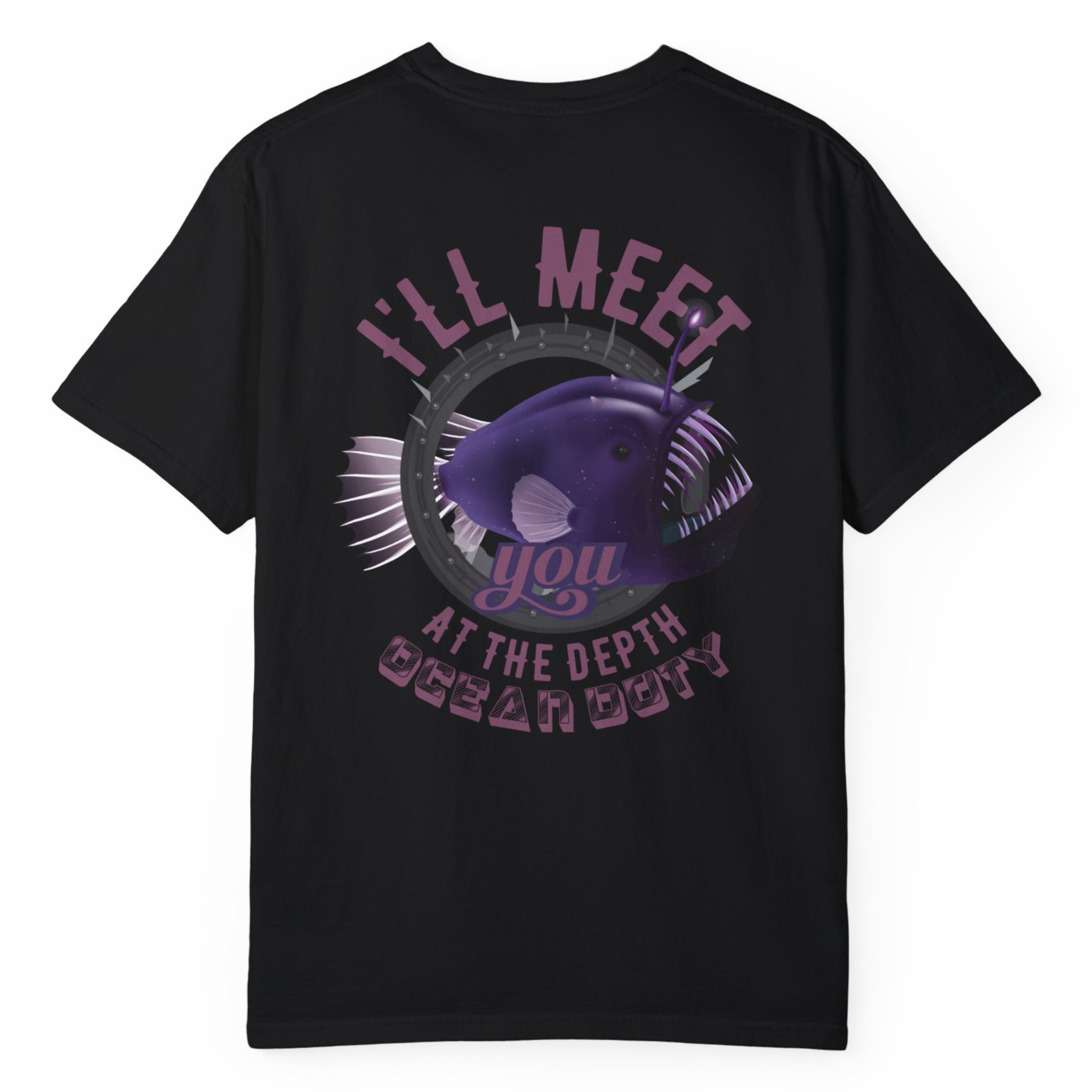 A black t-shirt with a vibrant purple deep sea fish referring to the ocean's depth.