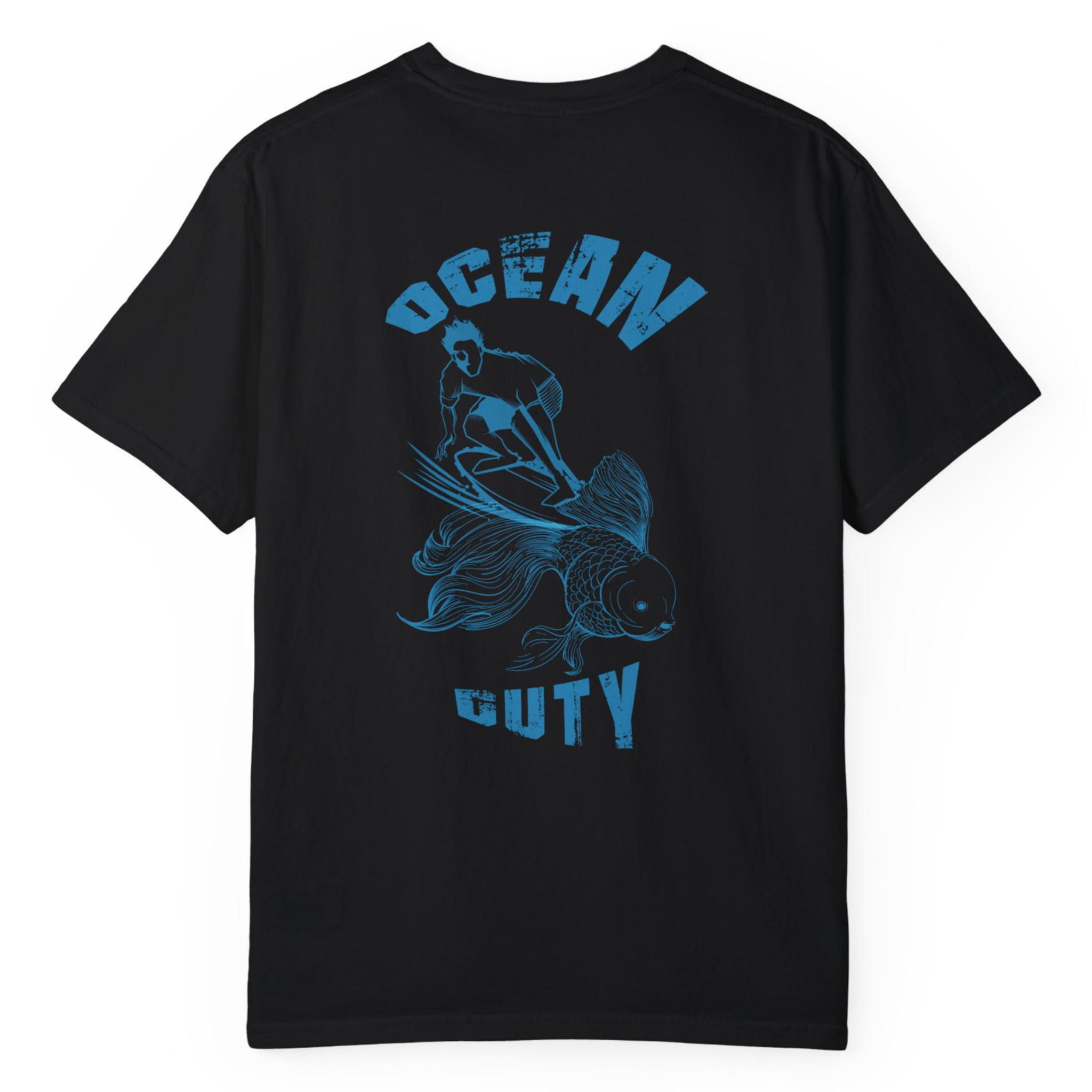 A black t-shirt with the words ocean duty and a graphical picture of a man surfing on a goldfish