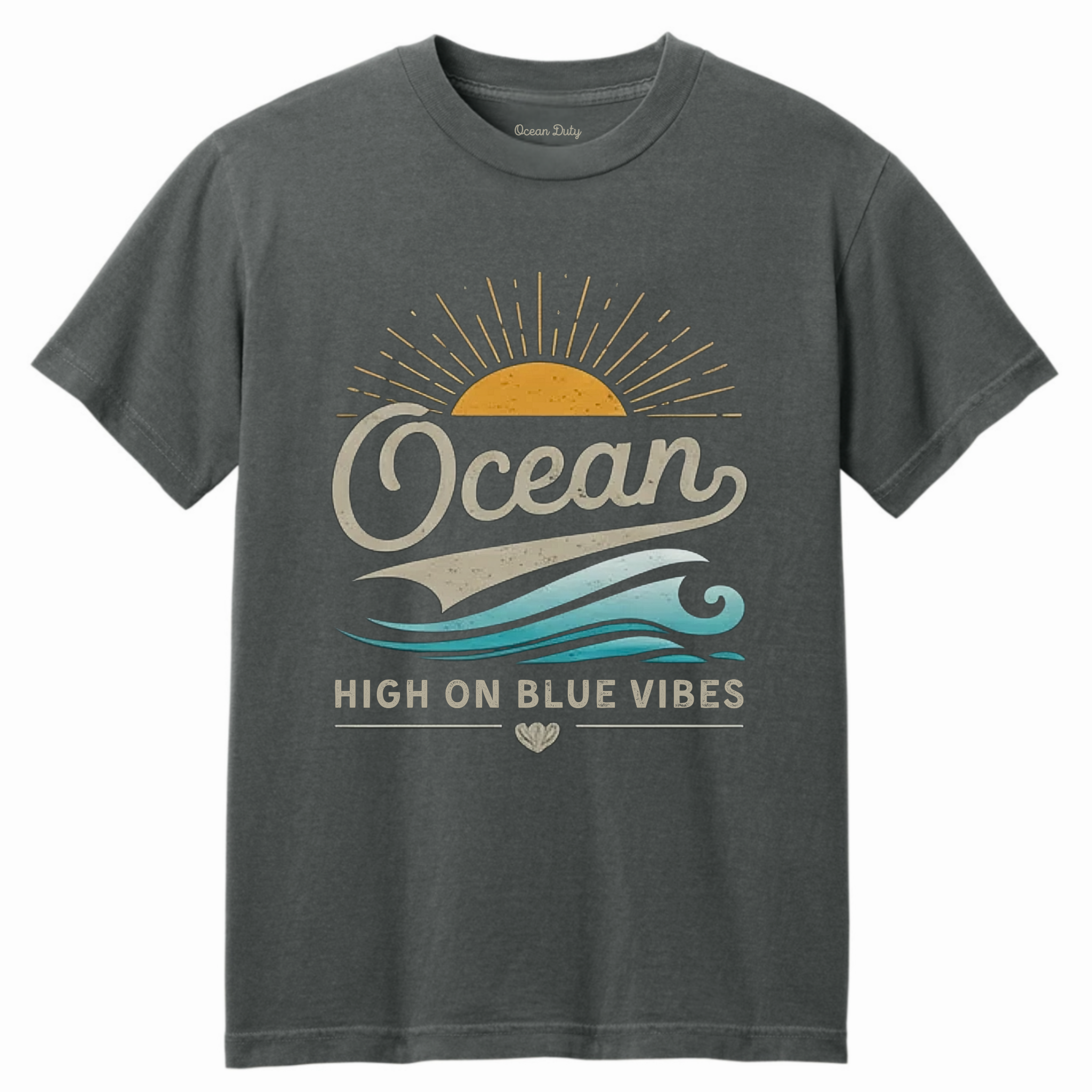 Faded black t-shirt with 'Ocean High on Blue Vibes' design featuring a sun and wave on a white background.