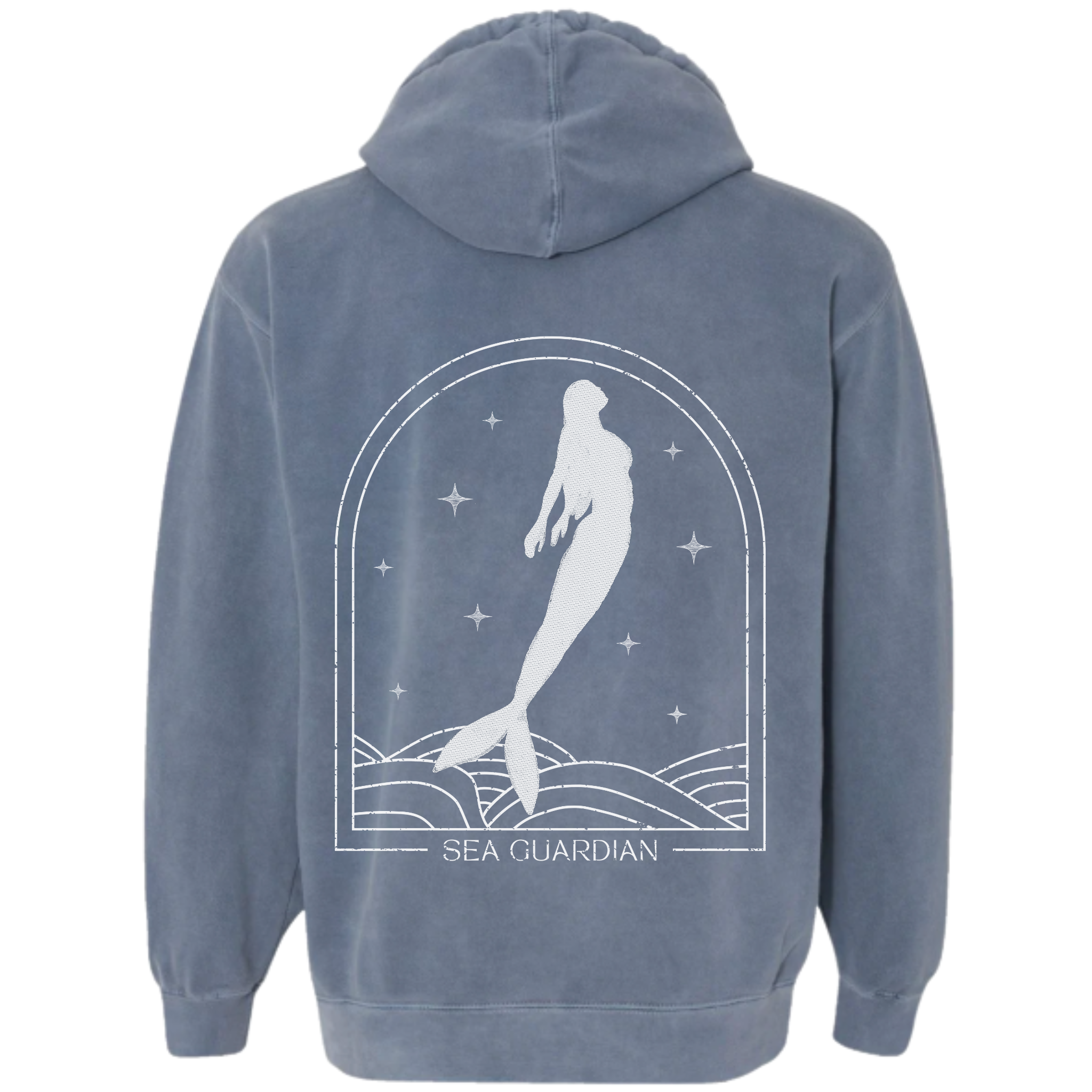 Blue hoodie with a mermaid design on the back against a white background