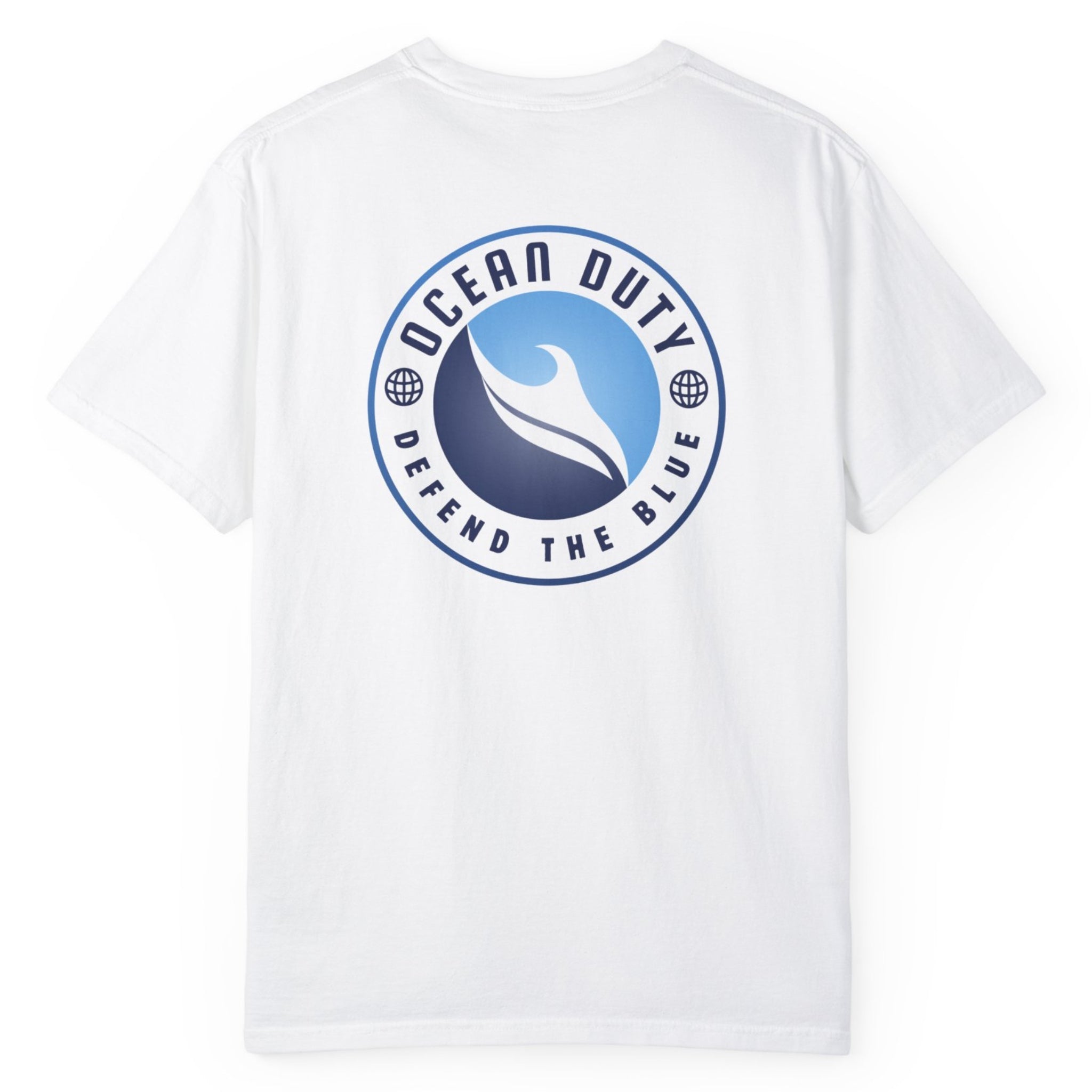 The back of a white t shirt with ocean wave and ocean themed print