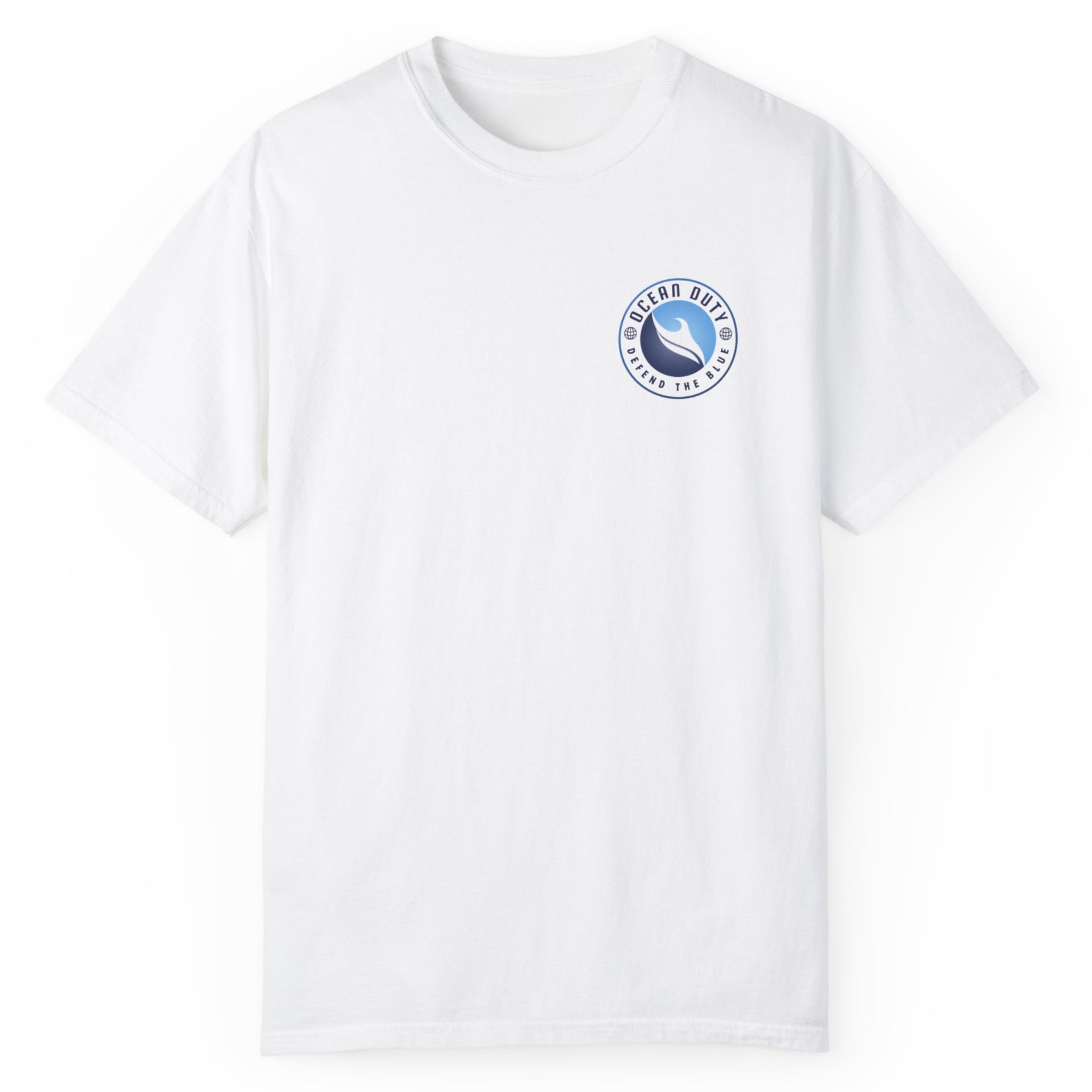The front of a white T shirt with a small circle ocean wave pattern