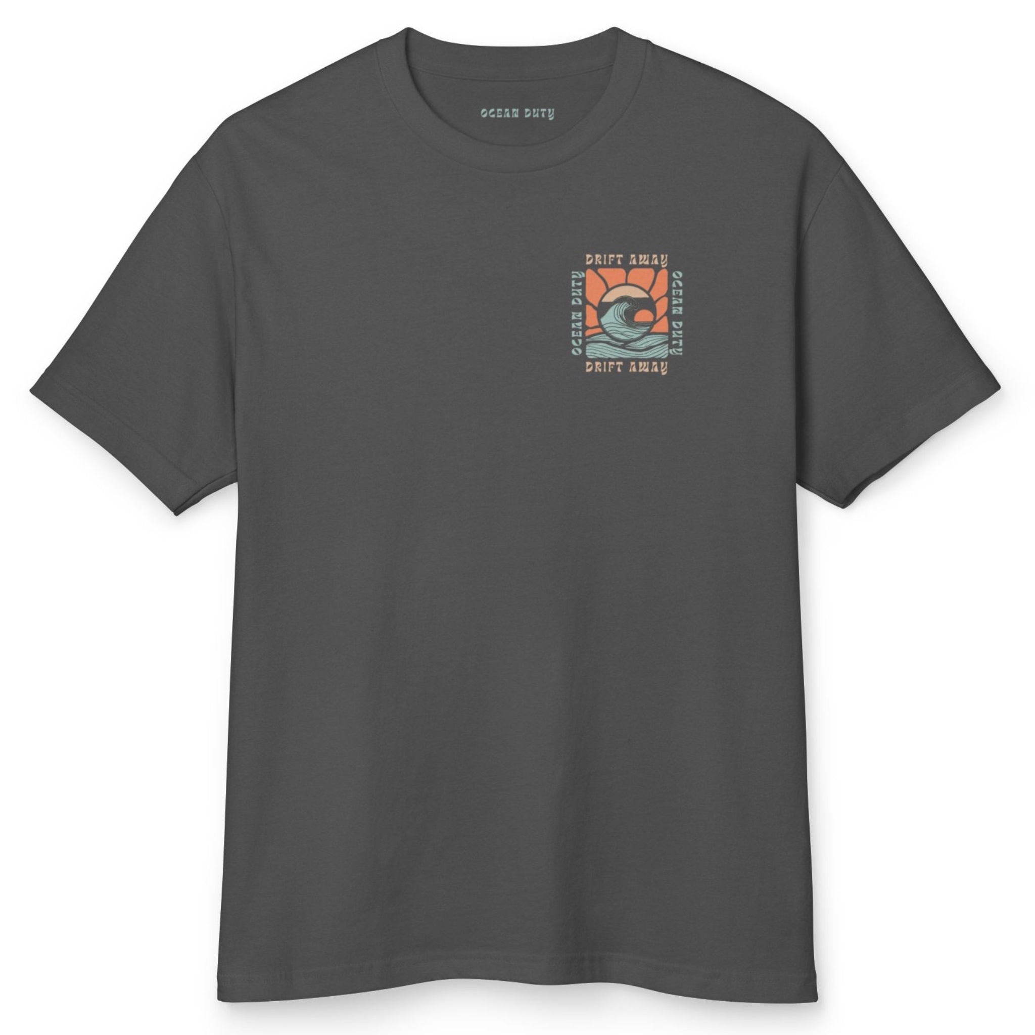 The front of a faded black t-shirt with graphic print of a ocean wave and the words 'drift away.'