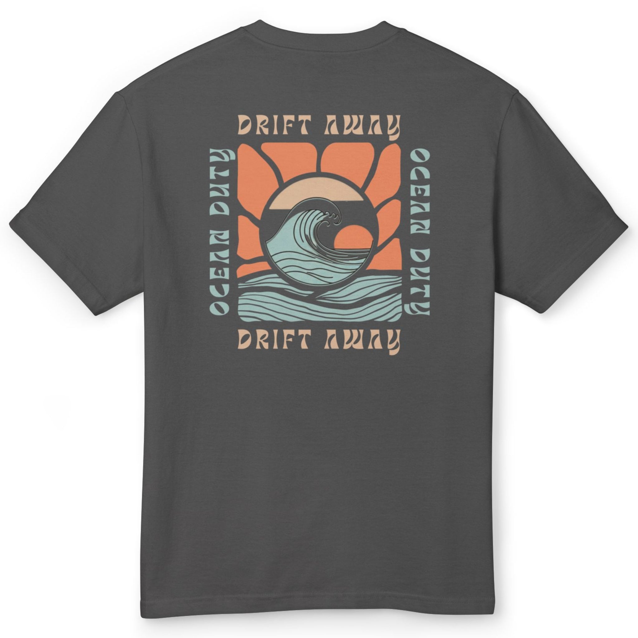 A faded black t-shirt with graphic print of a ocean wave and the words 'drift away.'