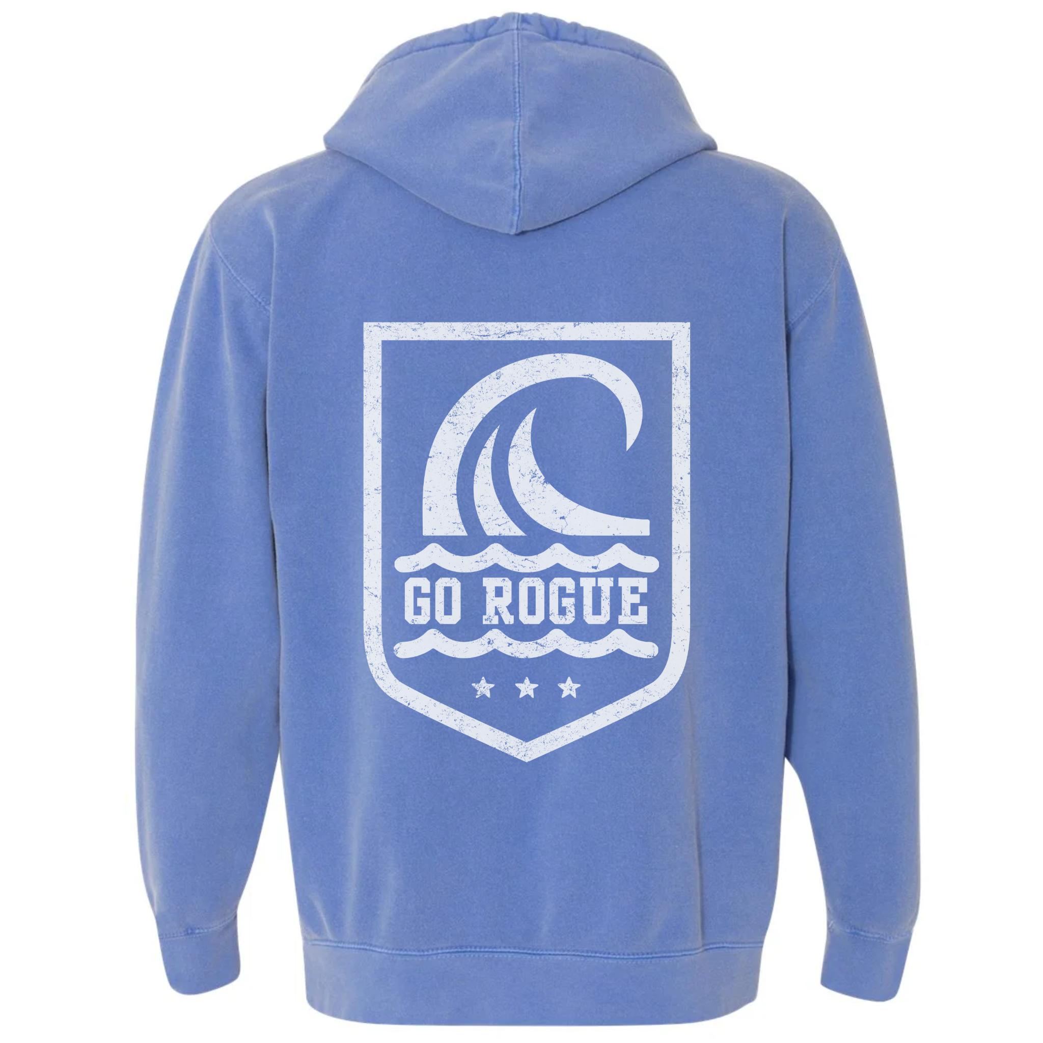 Blue hoodie with 'Go Rogue' logo on the back against a white background