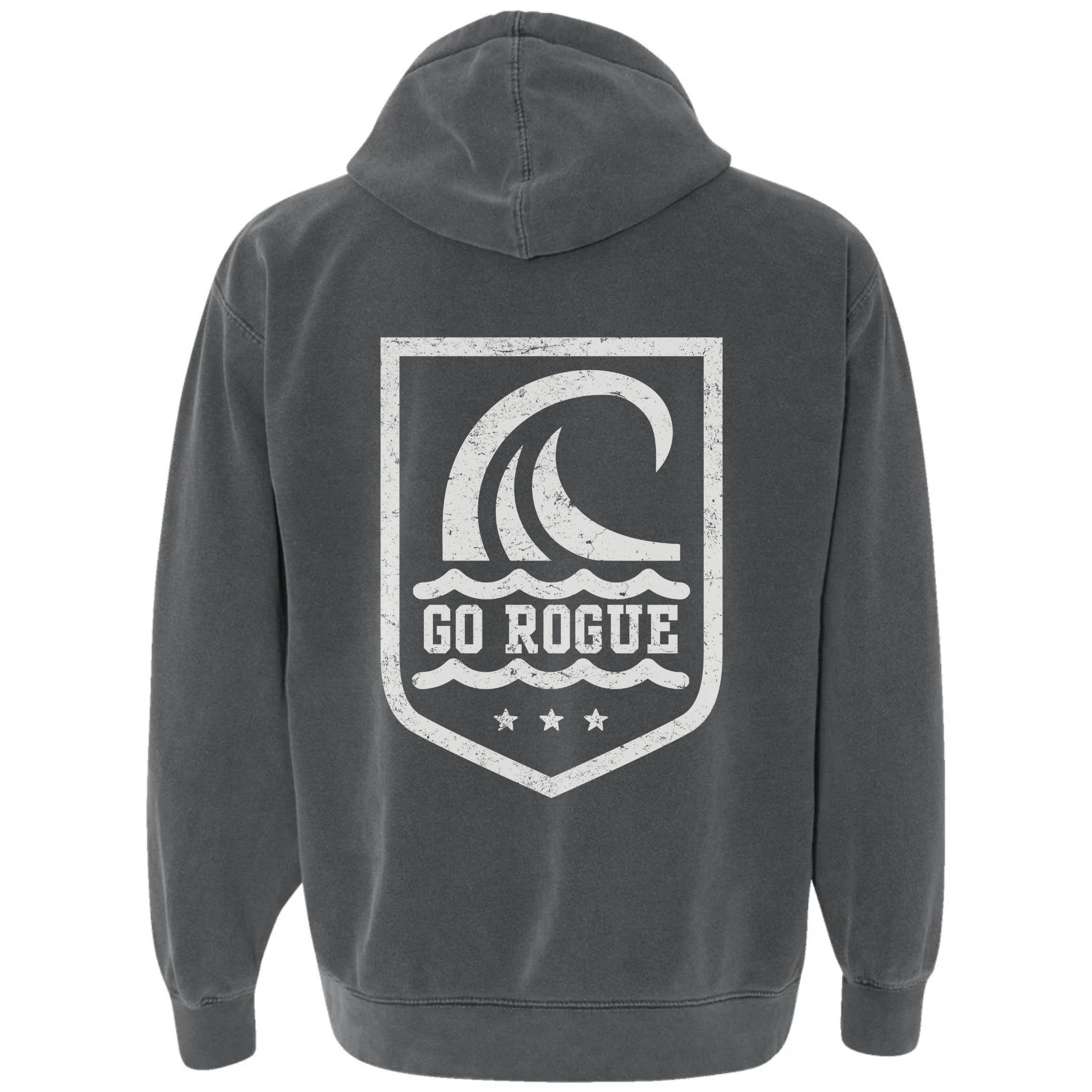 Gray hoodie with 'Go Rogue' logo on the back against a white background