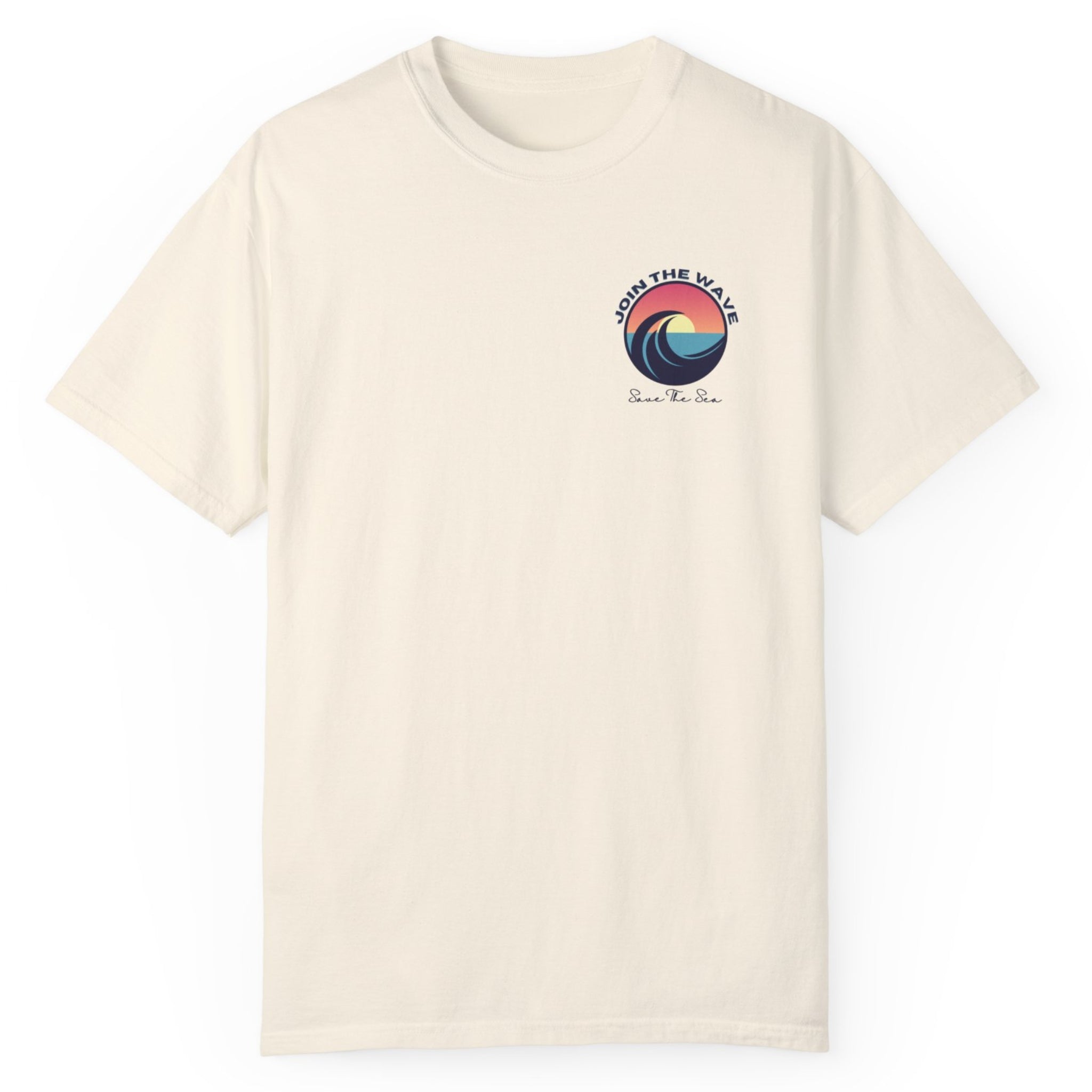 A ivory T-shirt with circle printed wave and print saying 'join the wave' and 'save the sea'.