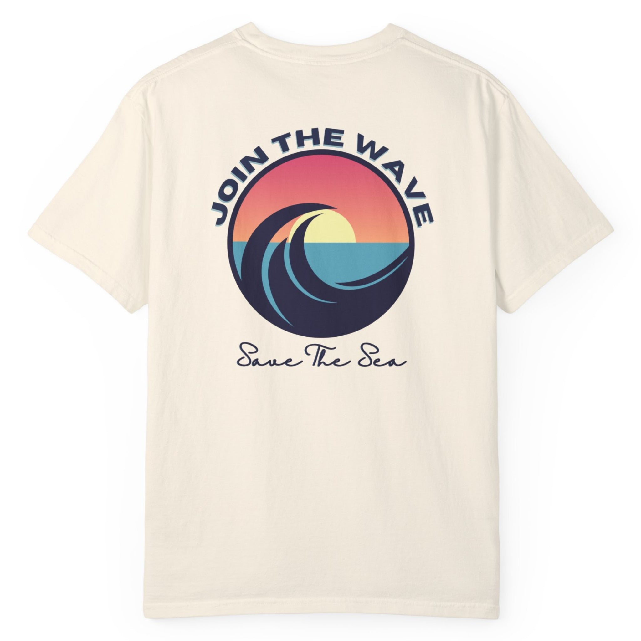 A ivory T-shirt with circle printed wave and print saying 'join the wave' and 'save the sea'.
