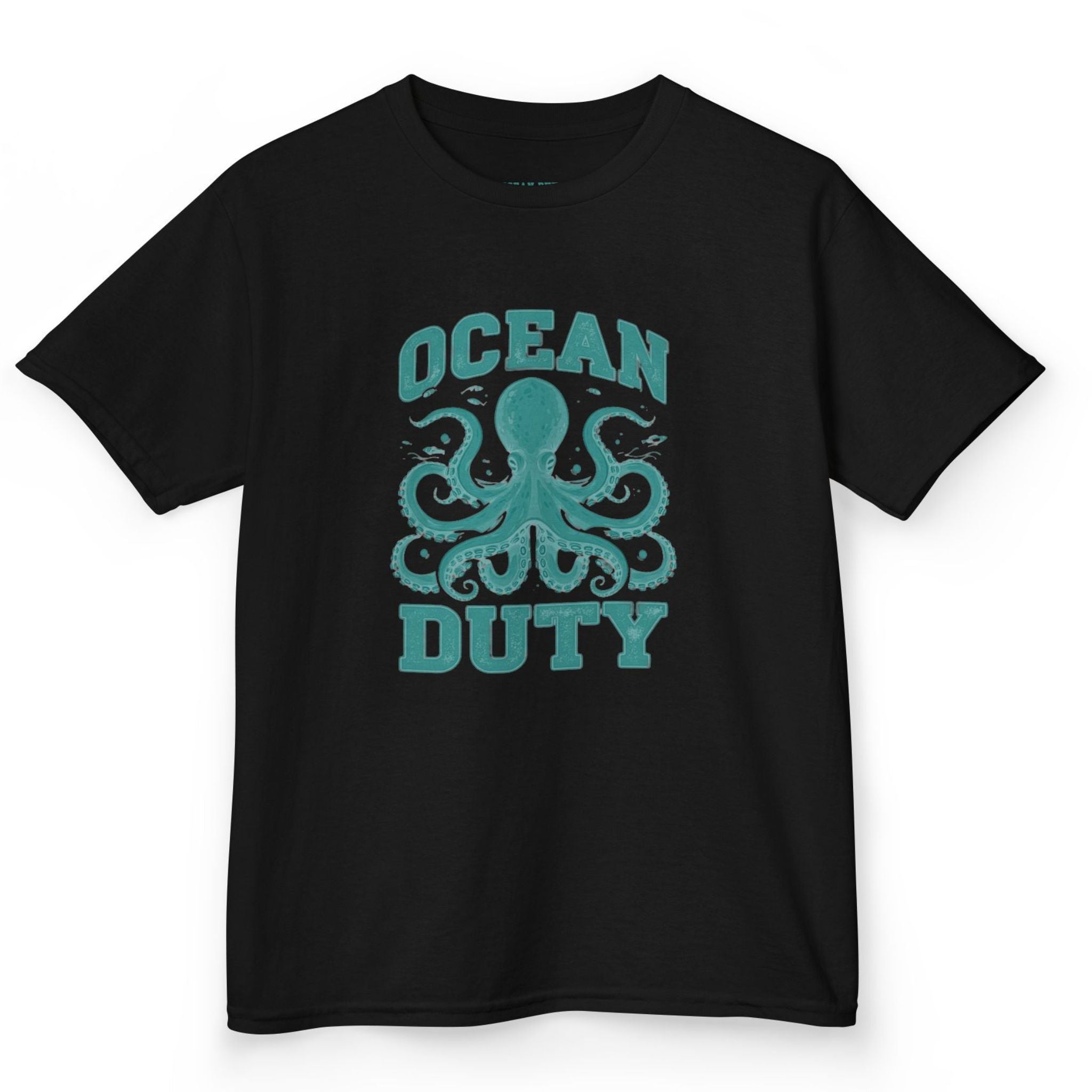 Black T-shirt from Ocean Duty brand with a graphic picture of a octopus and the words "Ocean Duty."