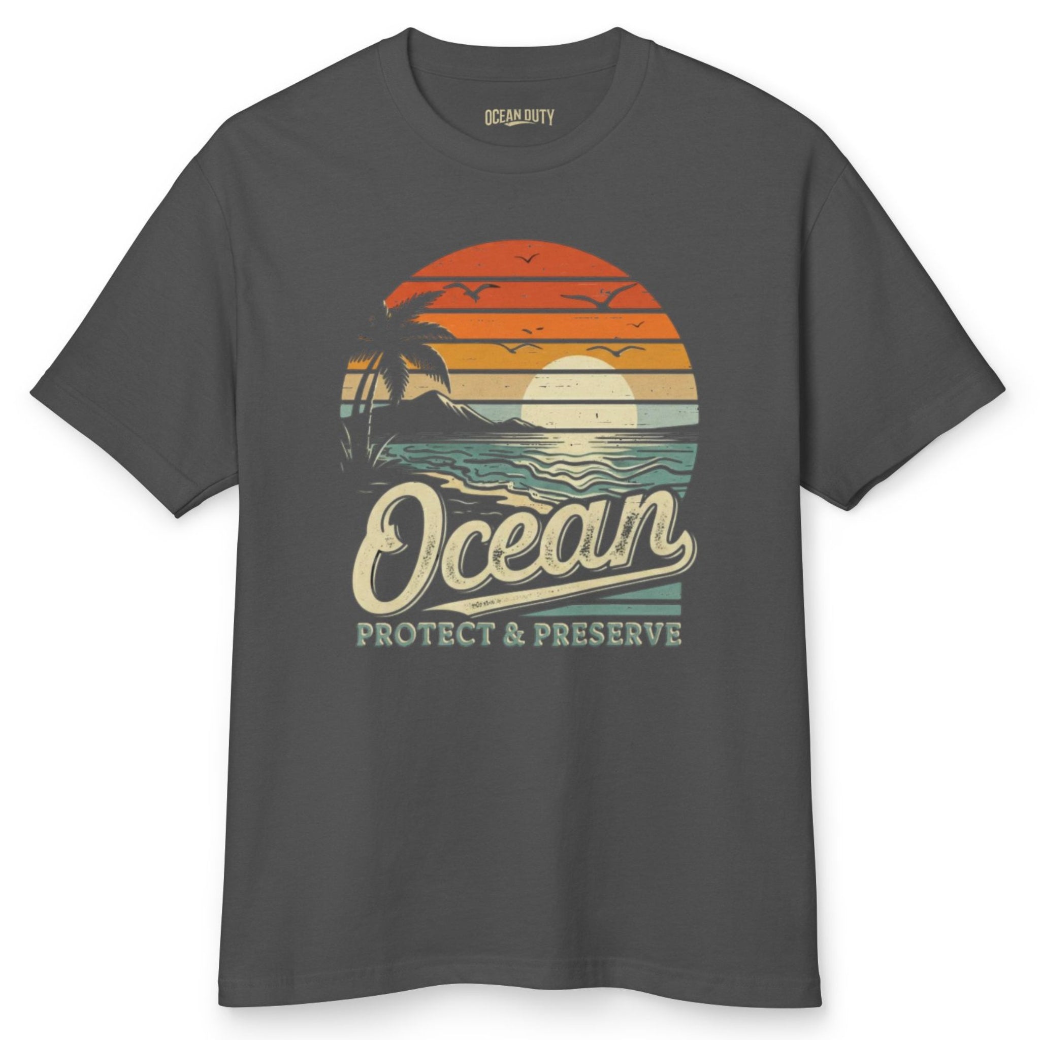 A faded black t-shirt with an ocean sunset over a beach with the words 'protect & preserve' printed below.'