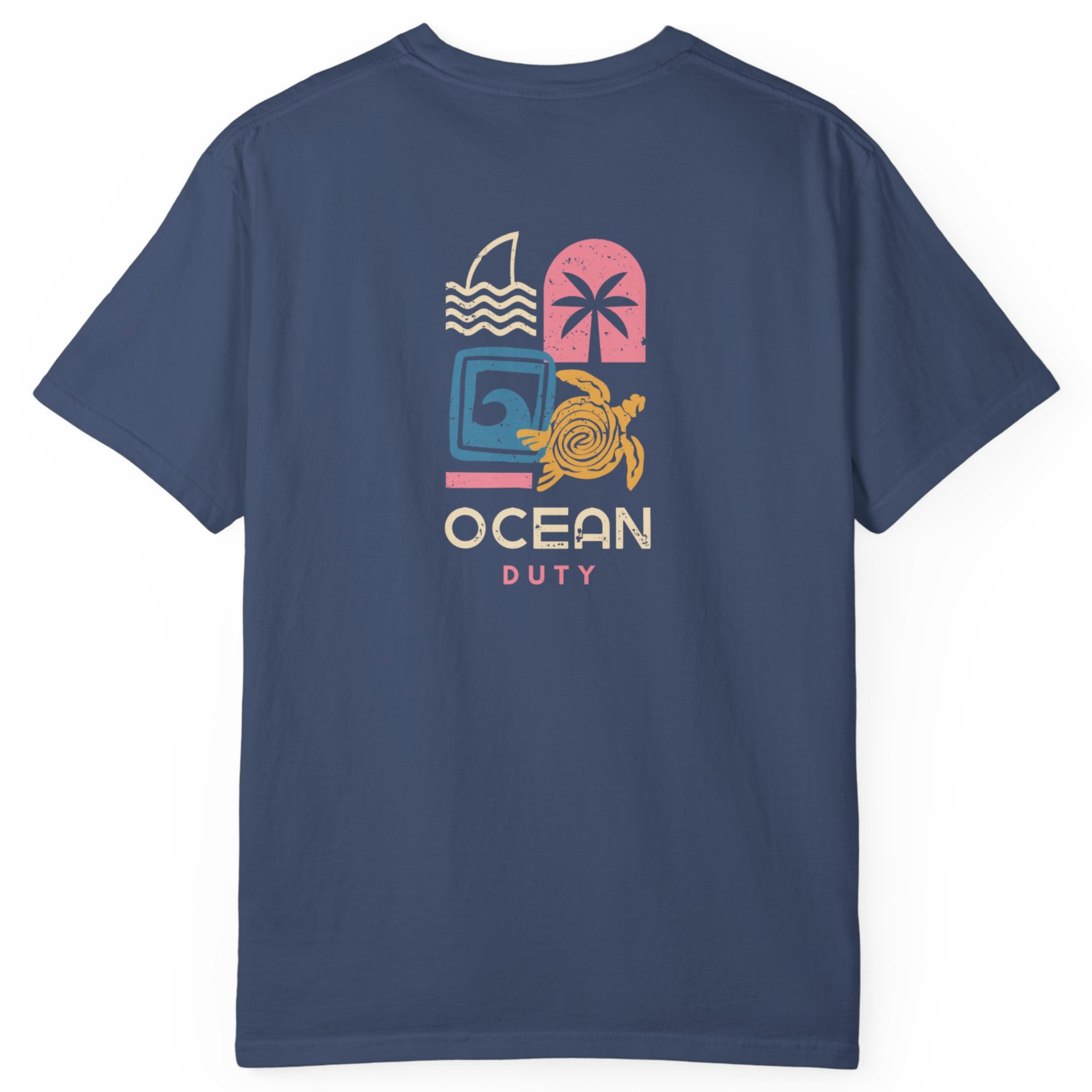 Navy blue t-shirt with 'Ocean Duty' graphic on the back against a white background