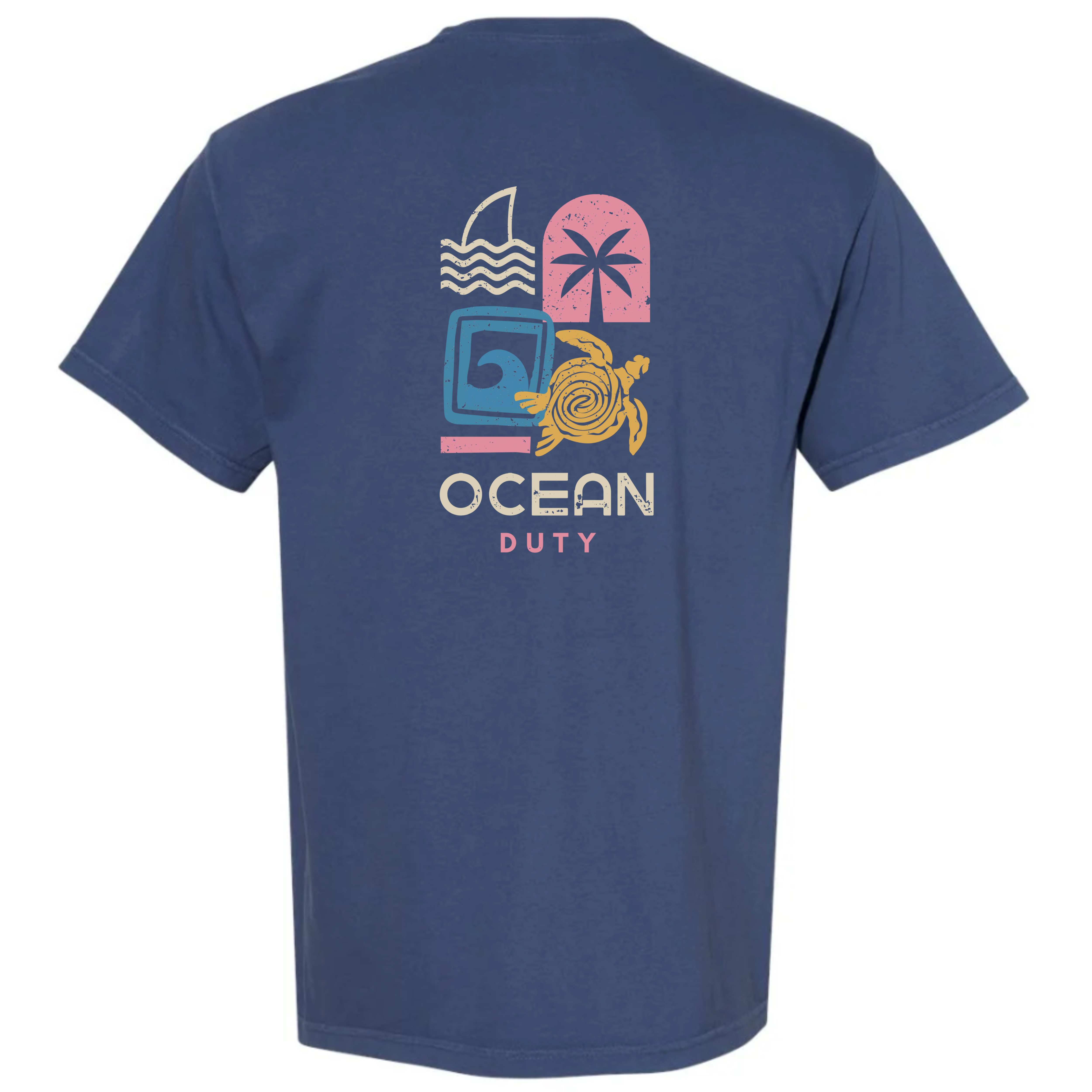 Navy blue t-shirt with 'Ocean Duty' graphic on the back against a white background