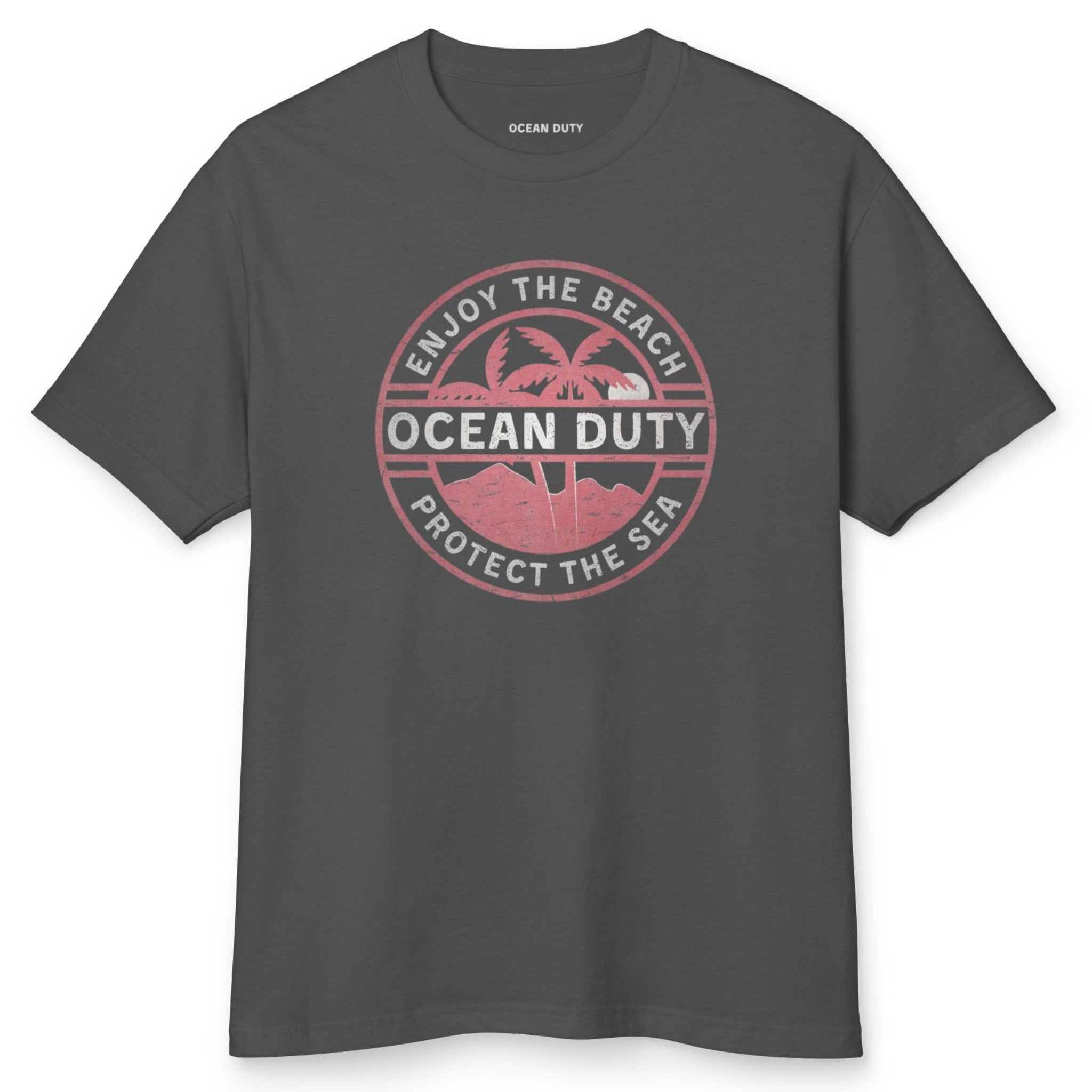Faded black T-shirt with a red and white tropical beach graphic design printed on the front about ocean conservation.