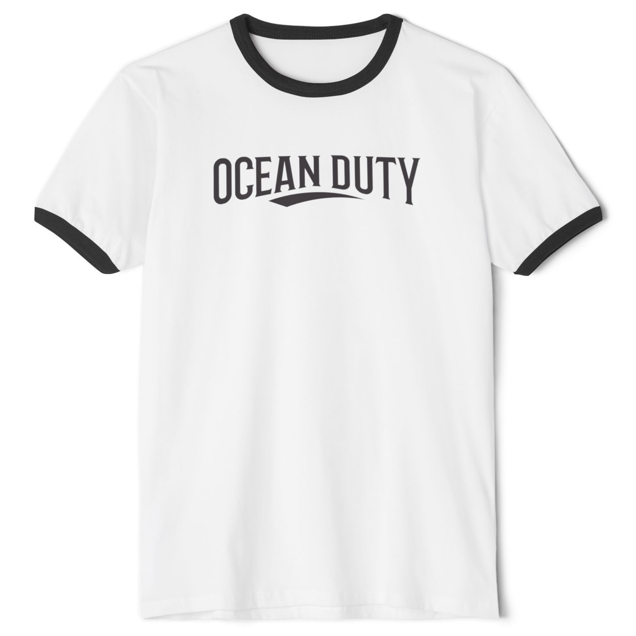 A white ringer tee with the words ocean duty printed on the front in black.