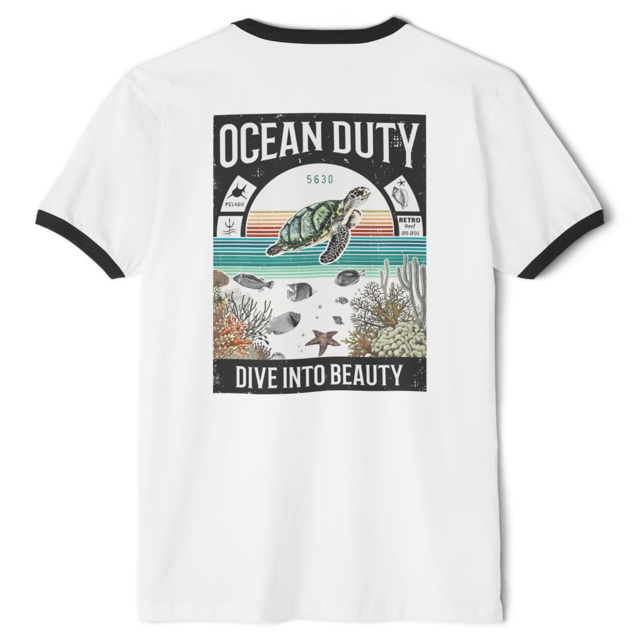 A white ringer tee with a vintage ocean scene poster on the back