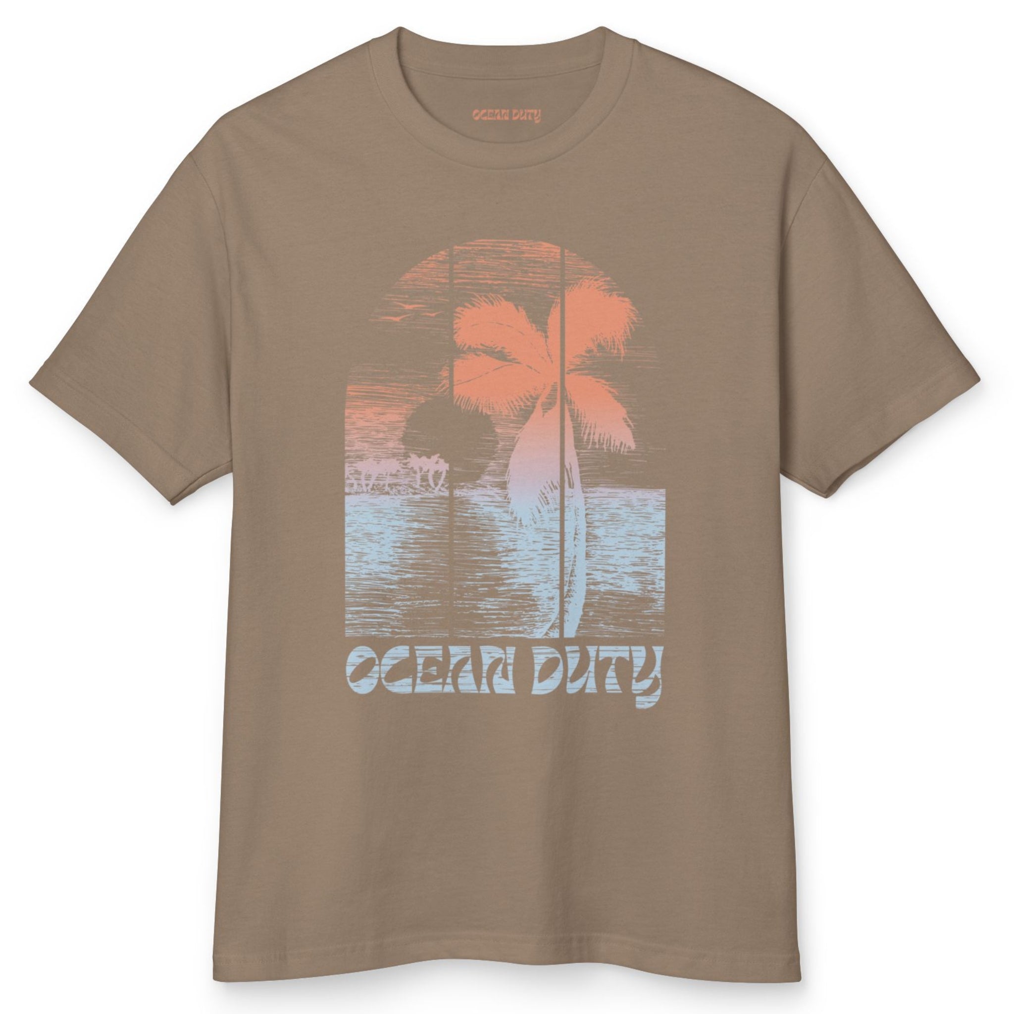 Faded brown T-shirt with distressed colorful beach print on the the front.