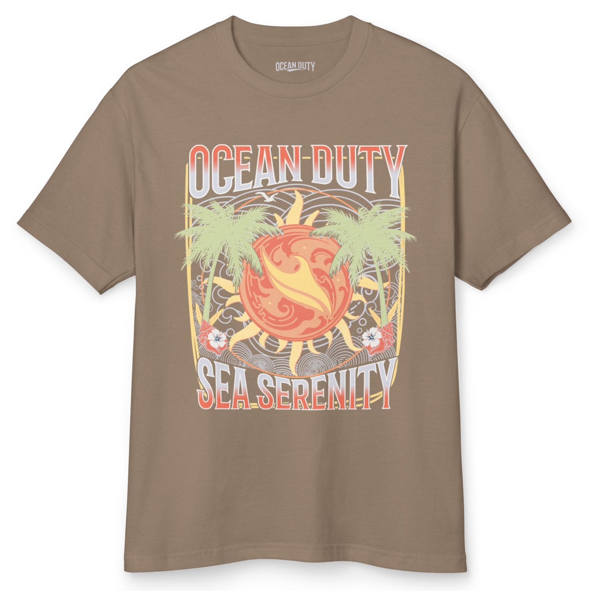 A brown shirt with tropical print on the front referring to 'sea serenity'.