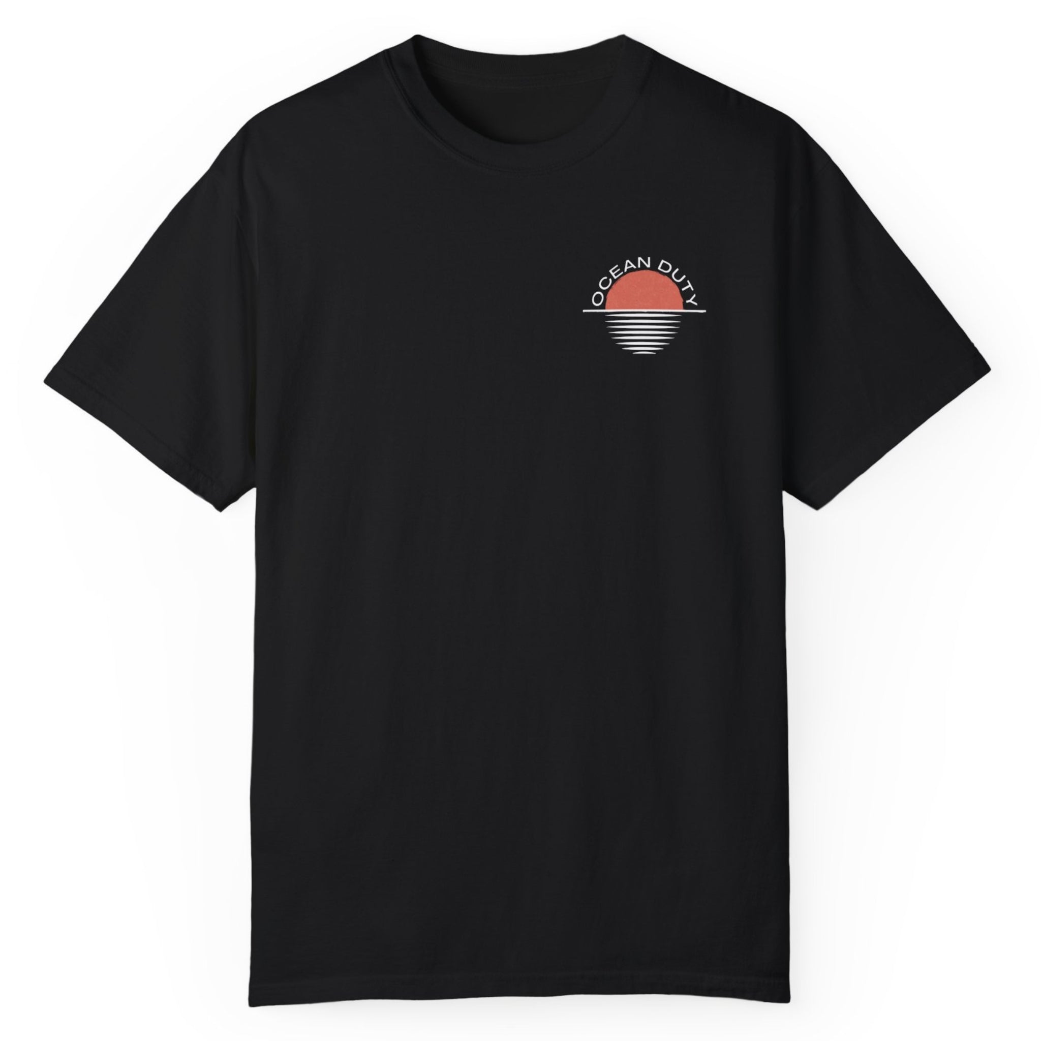 A orange sunset on the front of a black t-shirt.