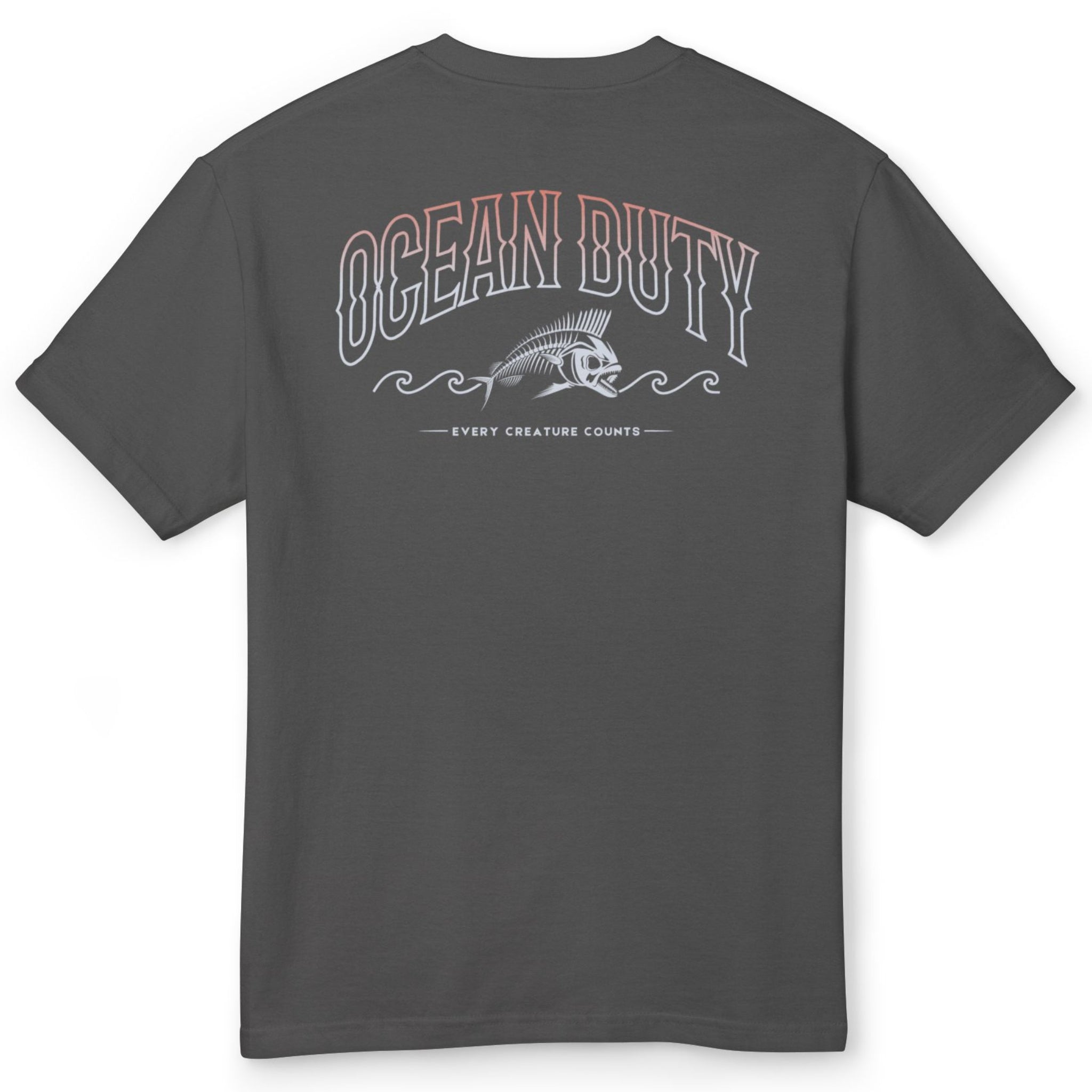 The back of a faded black T-shirt that has an ocean fish graphic.