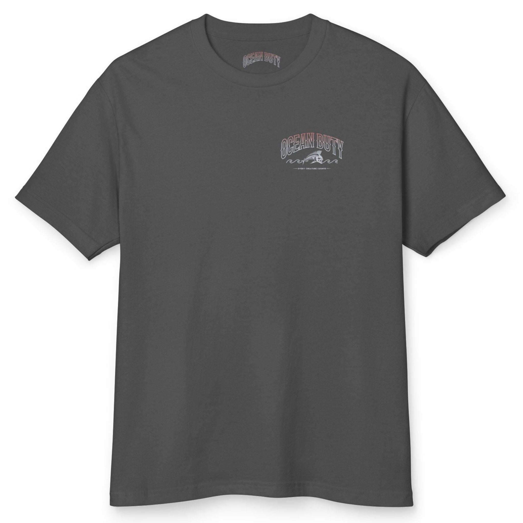 The front of a faded black T-shirt that has an ocean fish graphic.