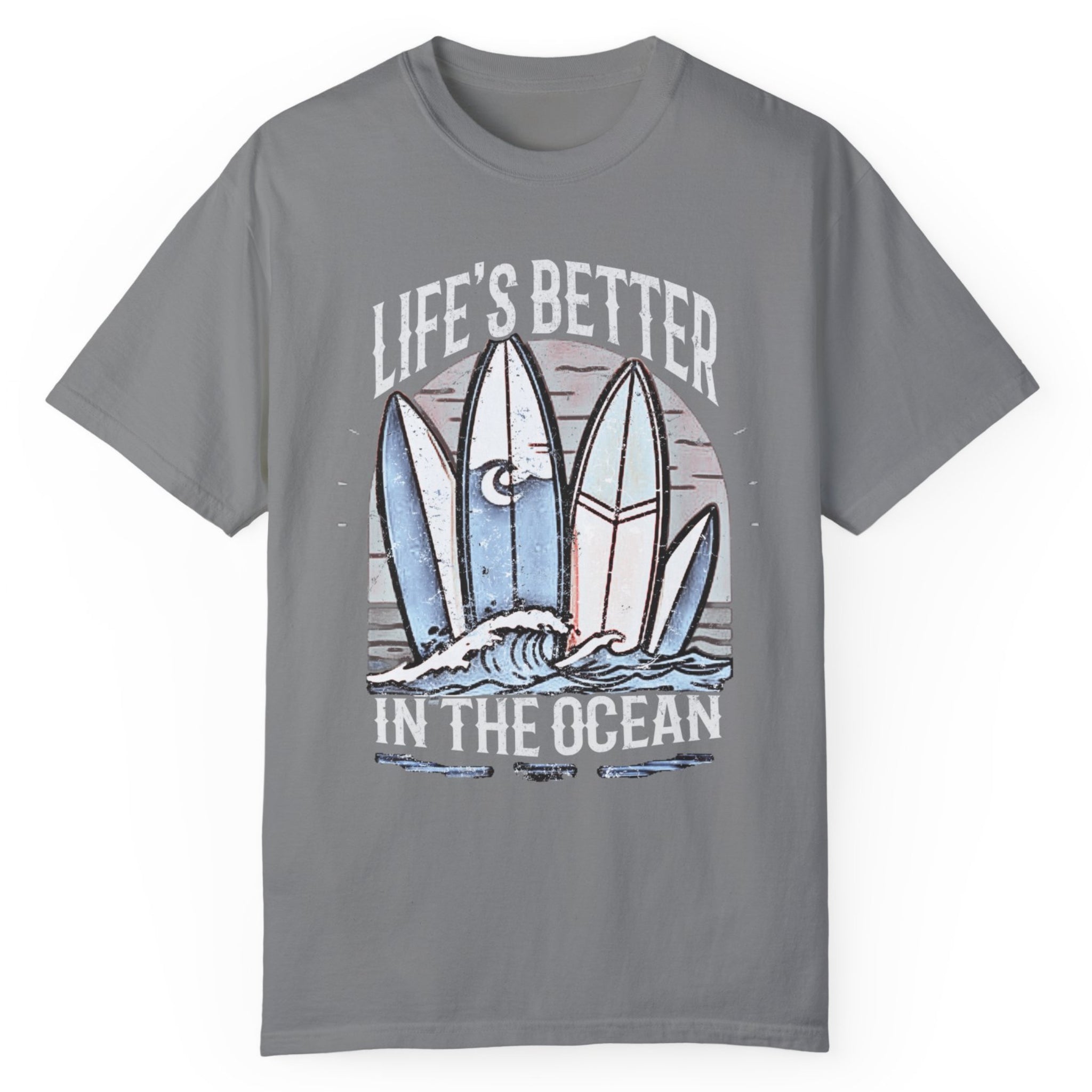 Grey T-shirt with surf boards in light blue and white colors graphic printed on the front.