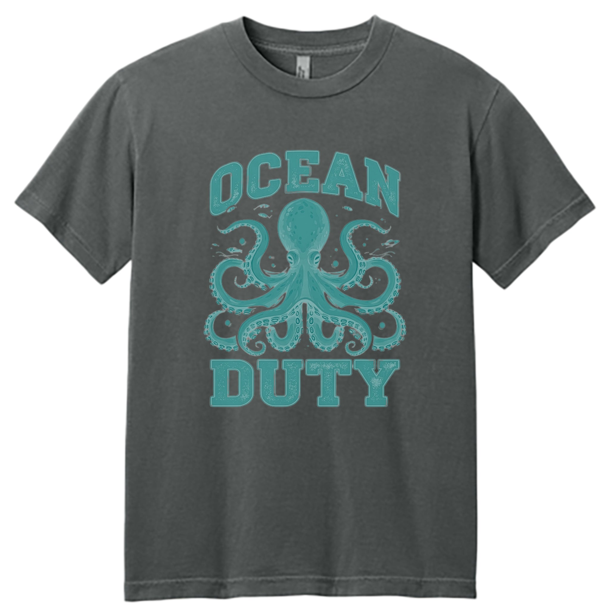 A faded black, vintage look t-shirt with a teal colored graphic of a octopus on the front. Above the octopus is the word 'Ocean' and below is 'Duty'.