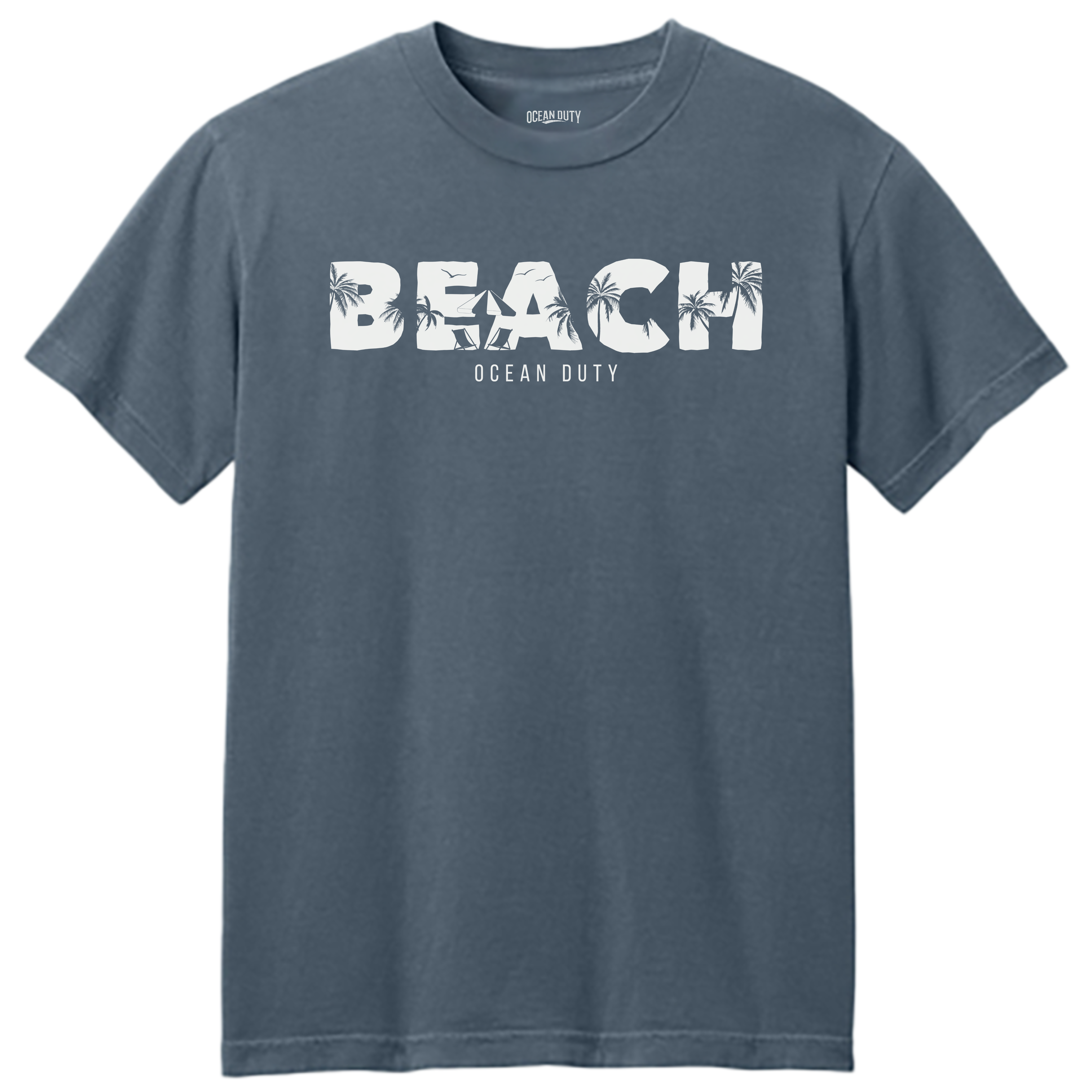 Blue t-shirt with 'BEACH' and palm tree design on a white background