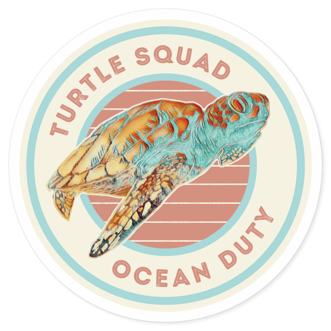 Round sticker with a sea turtle picture that says 'turtle squad'.