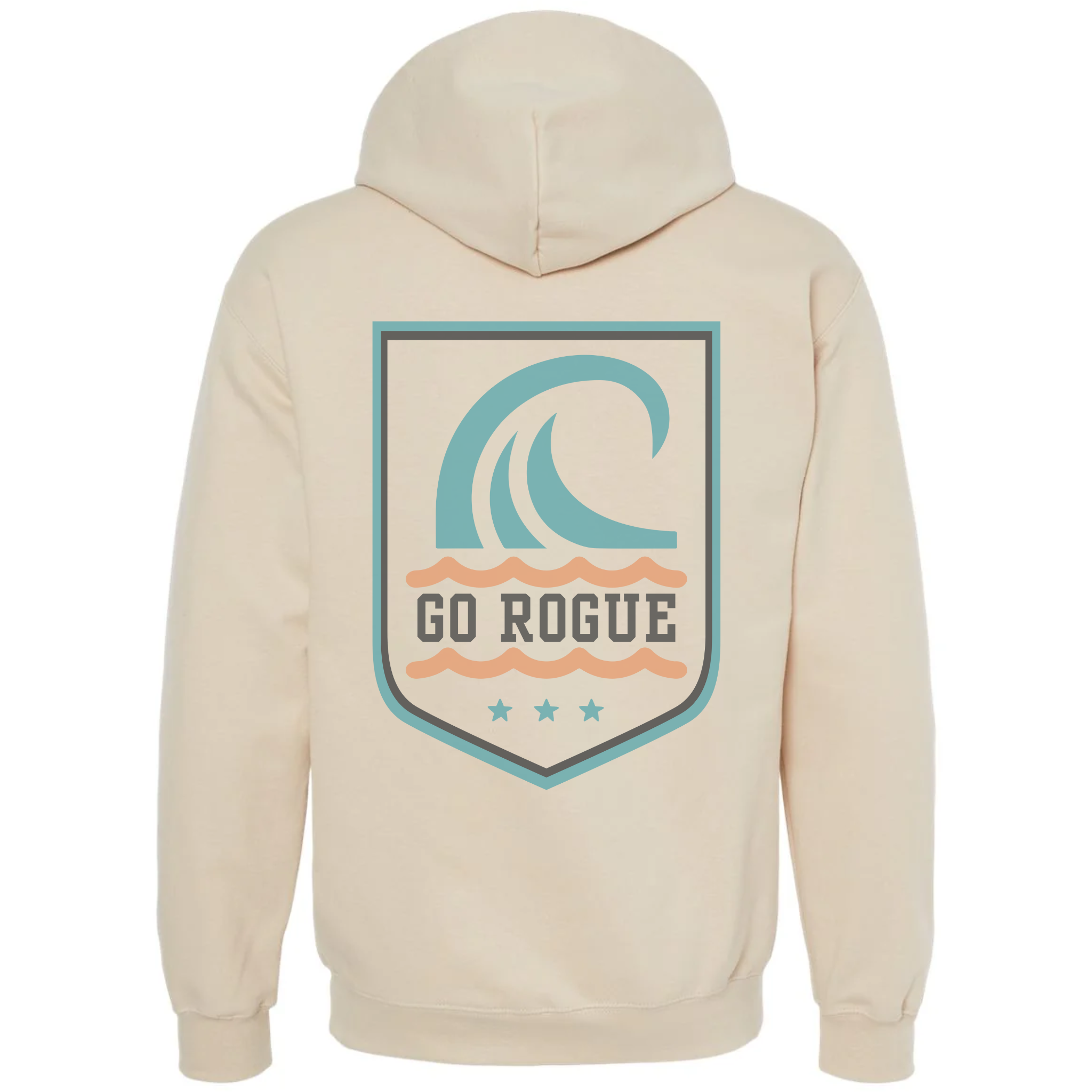 Beige hoodie with a wave design and 'Go Rogue' text on the back against a white background
