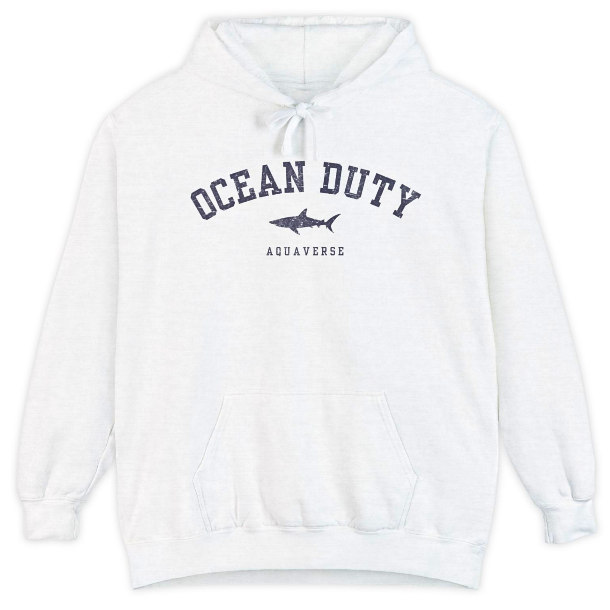 White hoodie with 'Ocean Duty' and a shark graphic on a white background