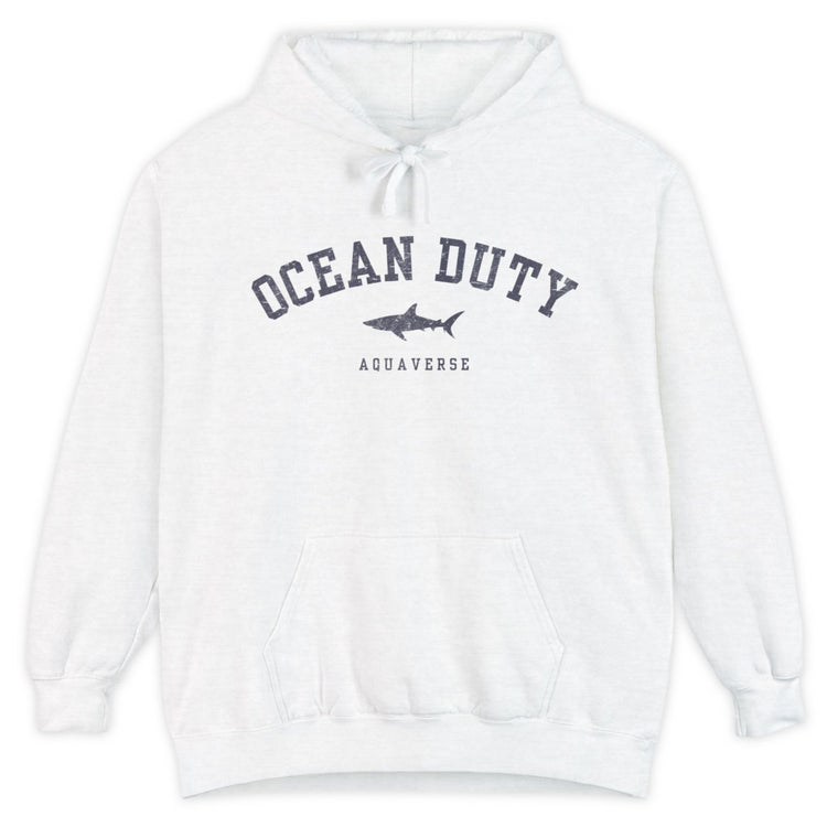 white hoodie ocean duty shark print front