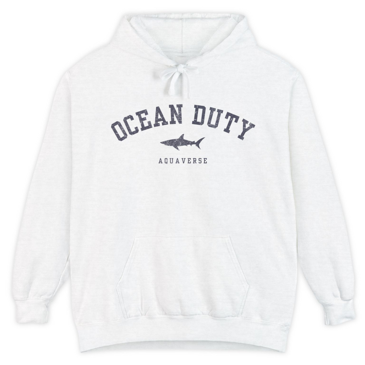 white hoodie ocean duty shark print front