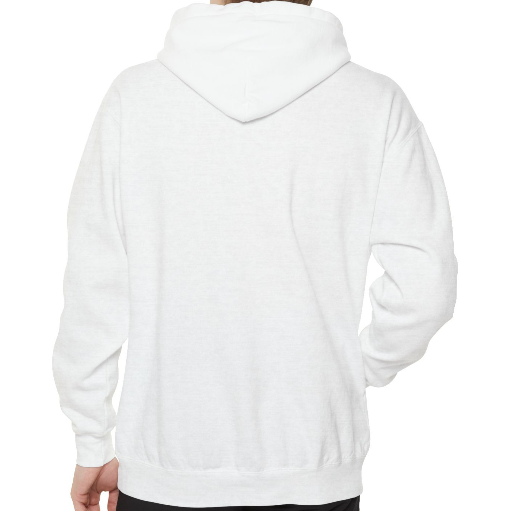 back of white hoodie worn by model