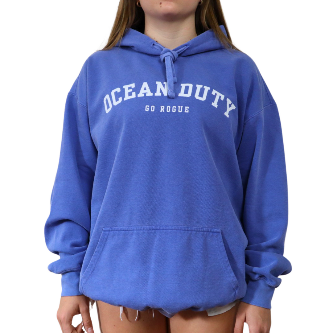 Girl wearing Ocean Duty Go Rogue Hoodie Front in Flow Blue