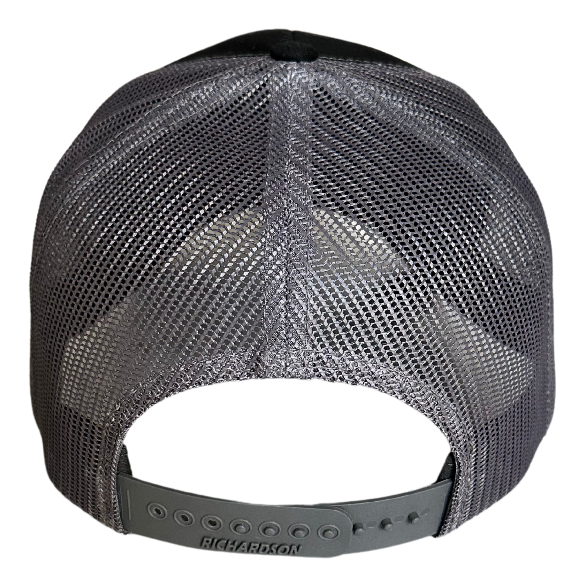 Back of a black and charcoal grey trucker hat with ocean wave go rogue text embroidery