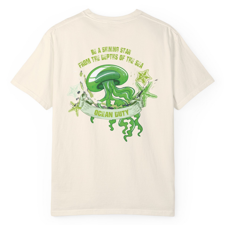A ivory t-shirt with a bright green jellyfish graphic and print.
