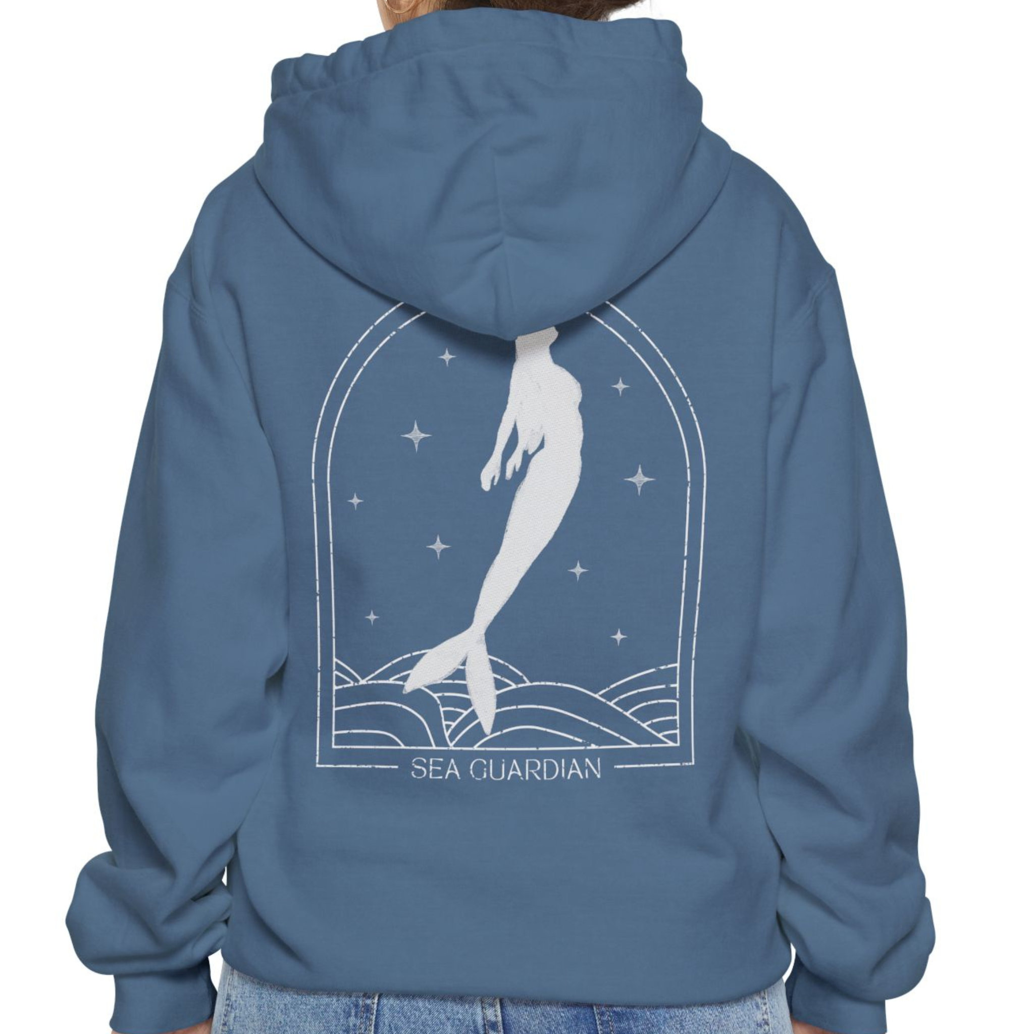 model wearing blue hoodie with mermaid print