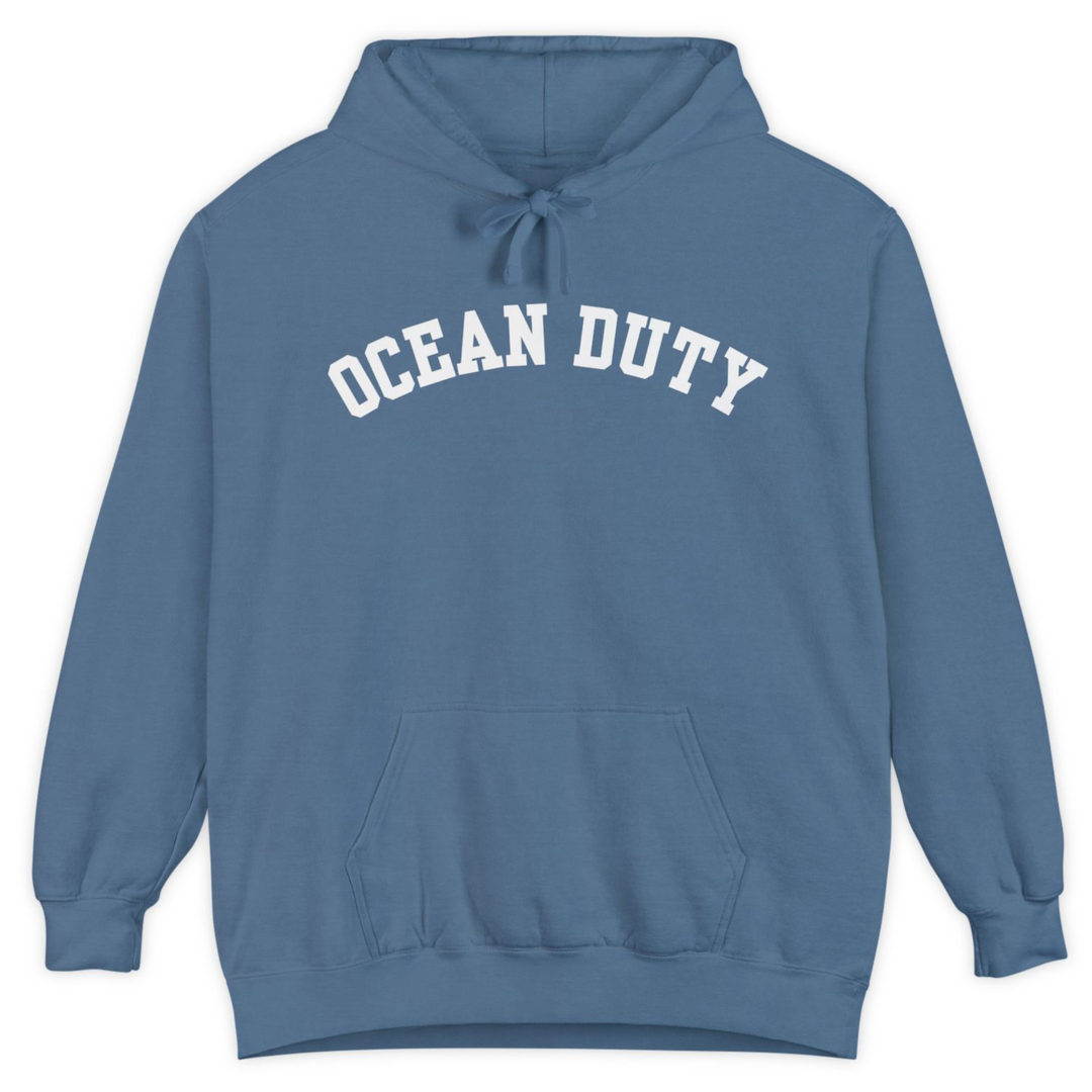 ocean duty print front of blue hoodie