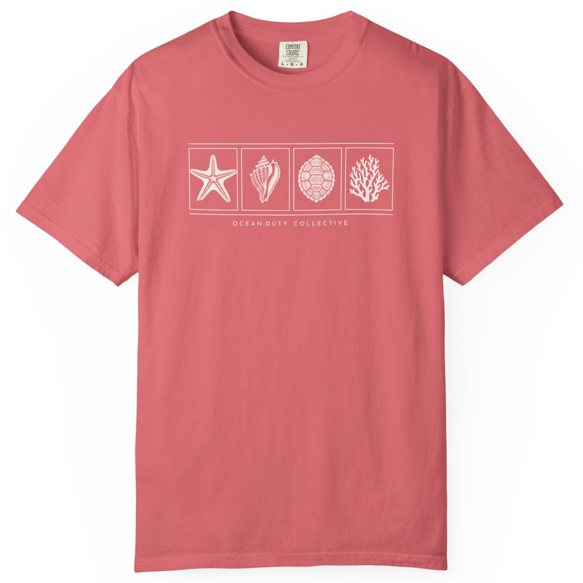 A coral pink crewneck t-shirt featuring a white graphic print of four ocean-themed icons (starfish, seashell, coral reef, and a patterned shell) with the text 'OCEANBUT COLLECTIVE' underneath, displayed on a clean white background.