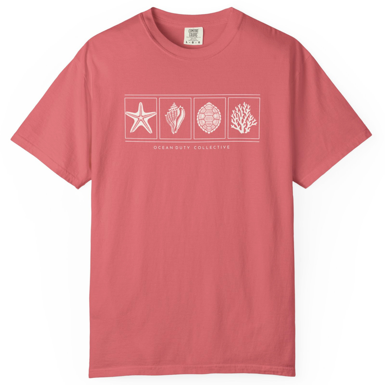 A coral pink crewneck t-shirt featuring a white graphic print of four ocean-themed icons (starfish, seashell, coral reef, and a patterned shell) with the text 'OCEANBUT COLLECTIVE' underneath, displayed on a clean white background.