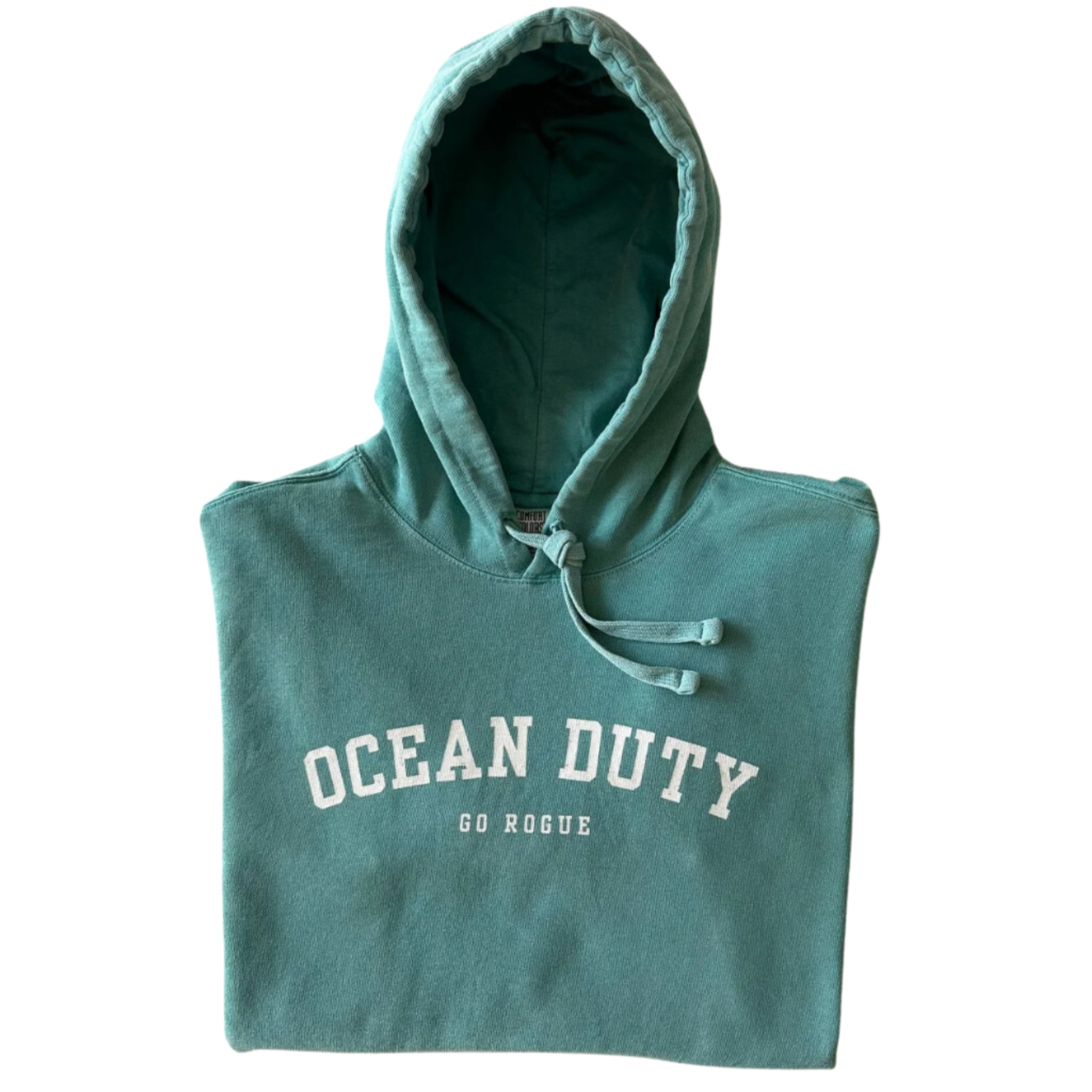 Folded Ocean Duty Seafoam color hoodie includes Go Rogue Text