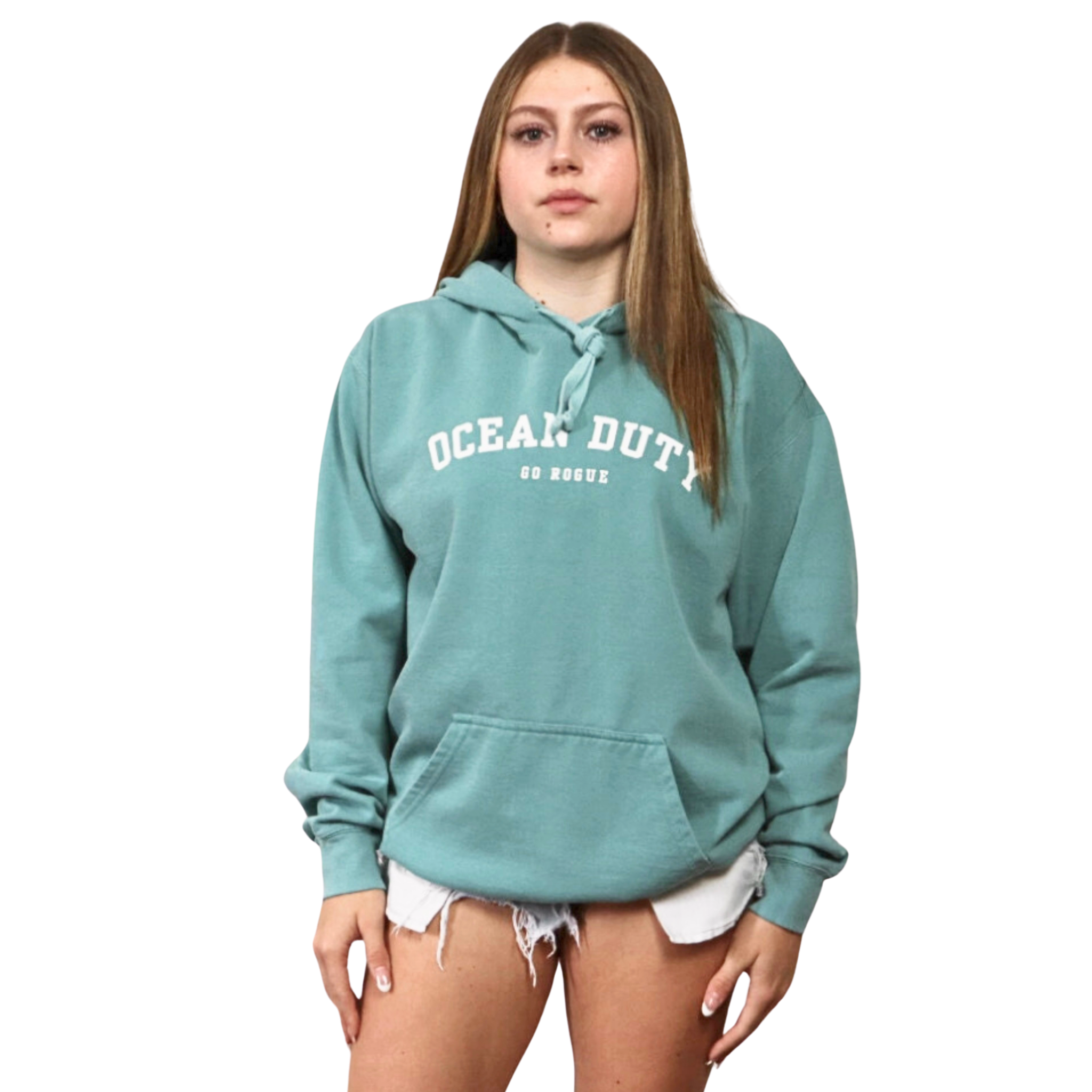 Girl wearing Ocean Duty Seafoam color hoodie with Go Rogue Text