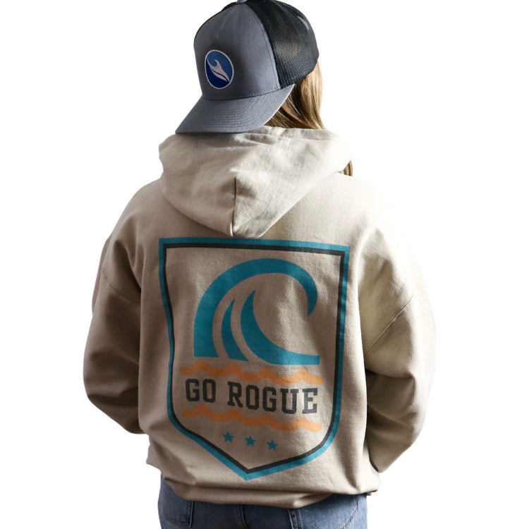 Back of Hoodie in Sand Color with a large wave and Go Rogue Graphic