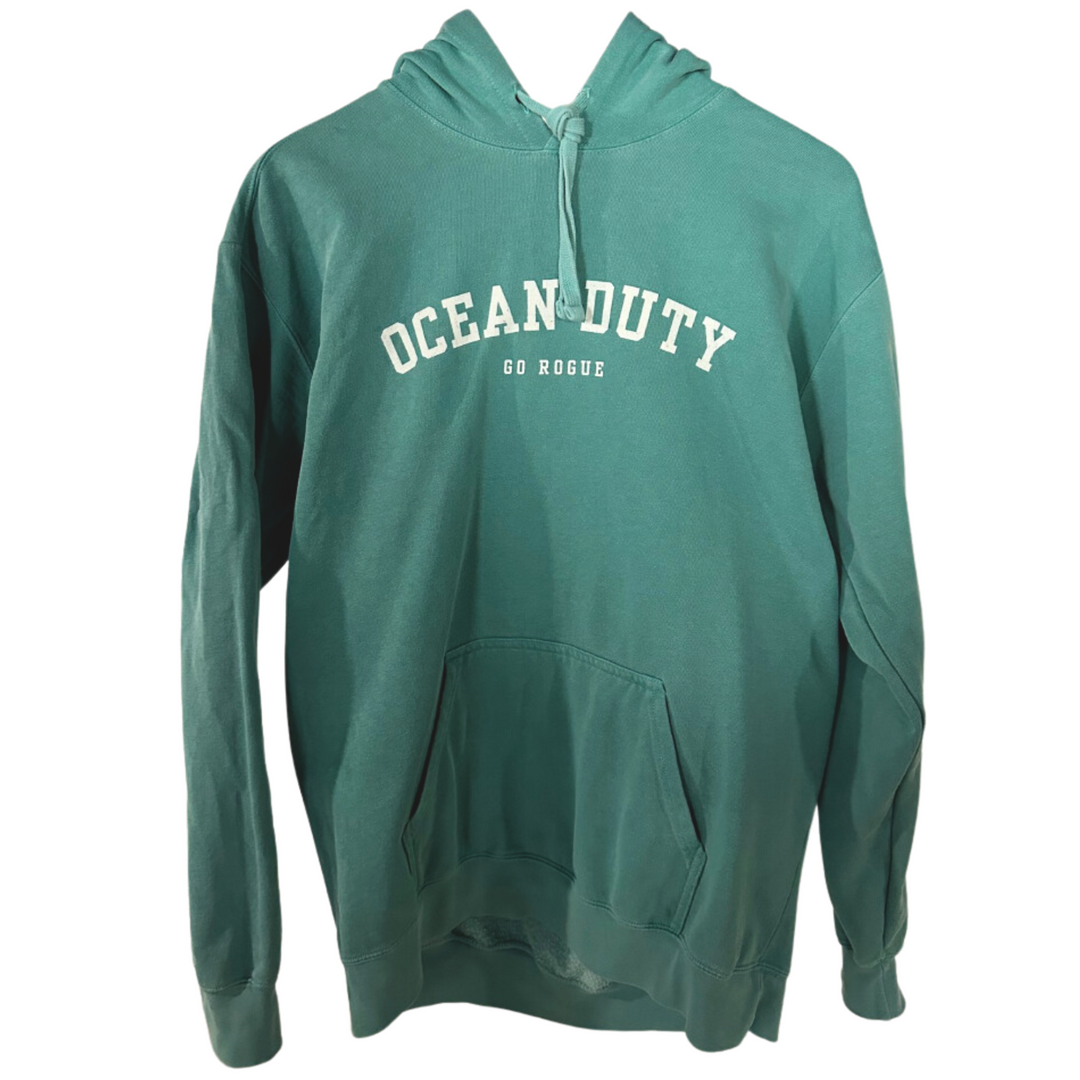 Ocean Duty Seafoam color hoodie includes Go Rogue Text