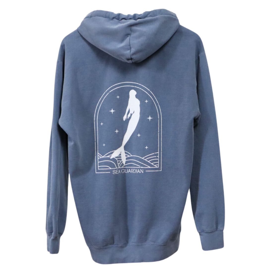 A blue hoodie in a blue jean color, featuring a beautifully detailed mermaid graphic on the back, perfect for ocean lovers and casual fashion enthusiasts.