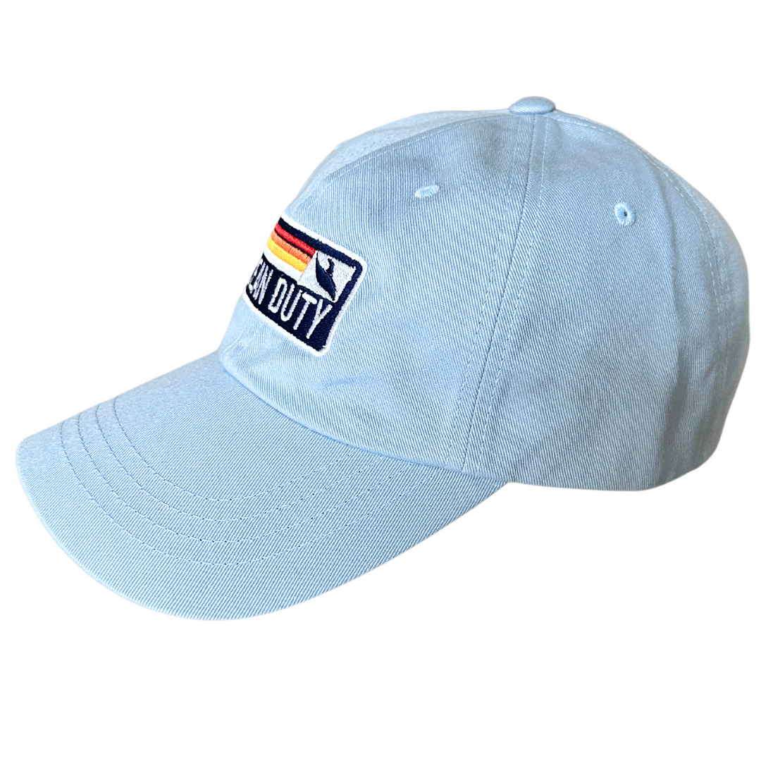 Side view of a Light Blue Dad Hat with Ocean Duty Embroidery