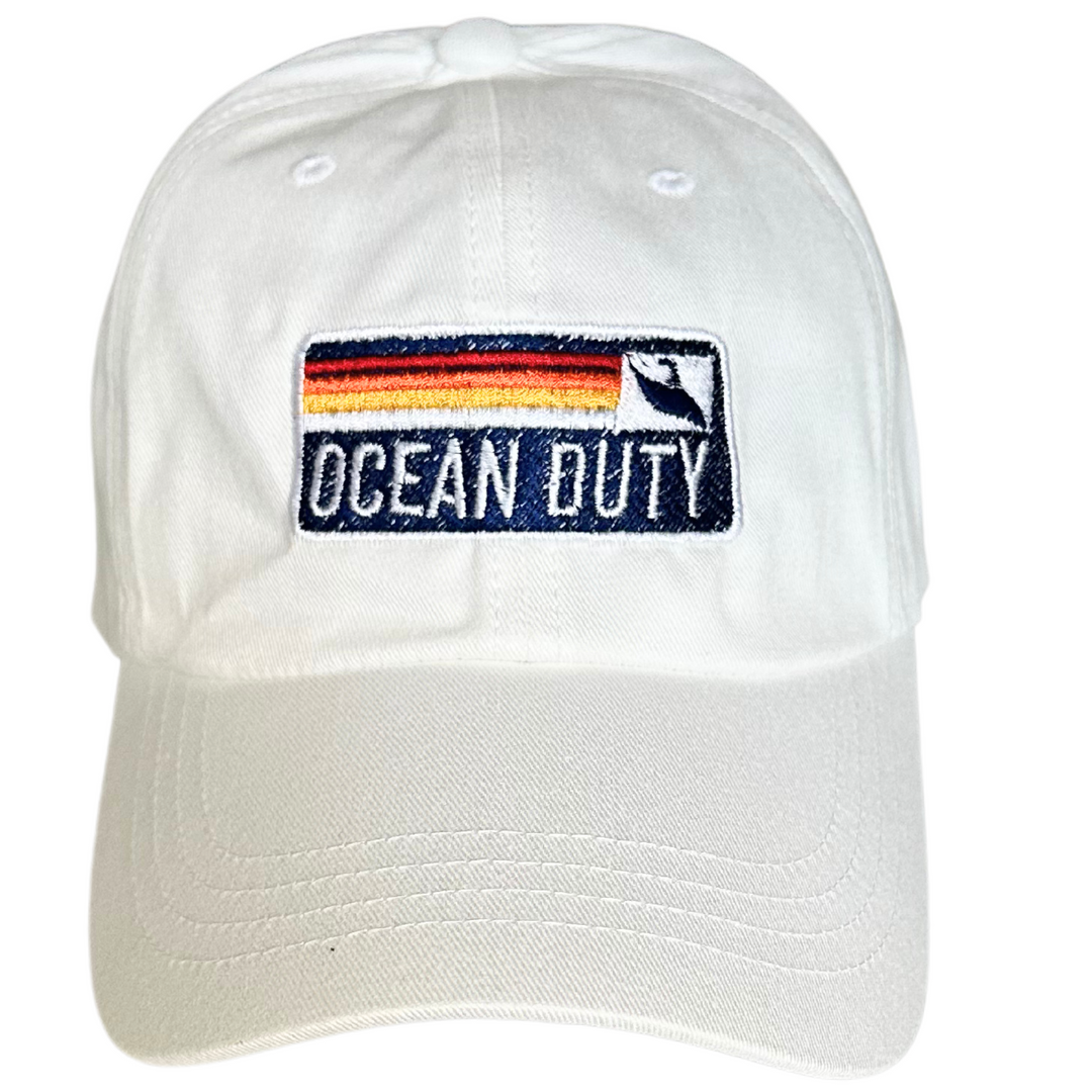 White Strapback Dad hat with Ocean Duty Embroidery