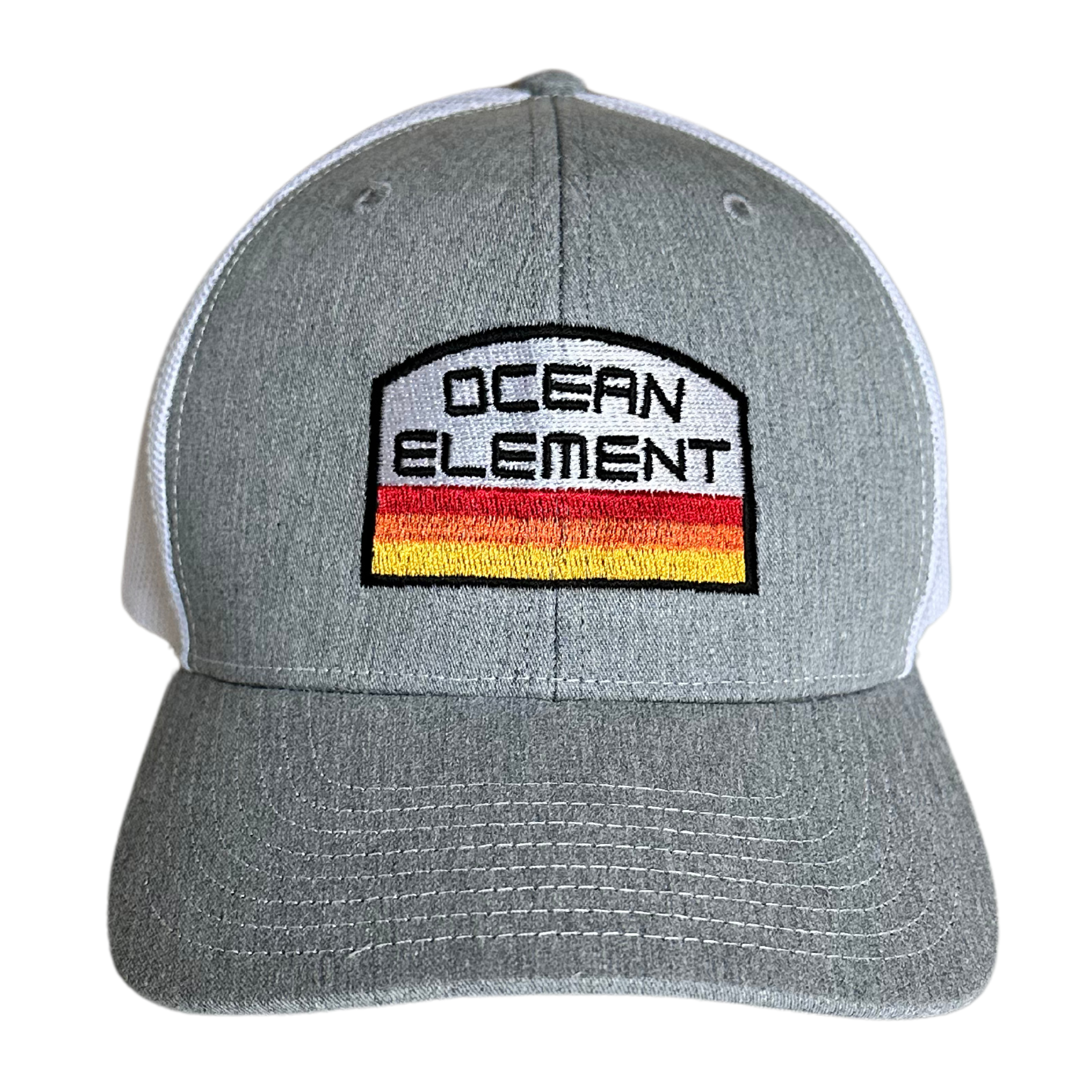 Front of white and heather grey trucker hat called ocean element with colorful ocean text and graphic embroidery.