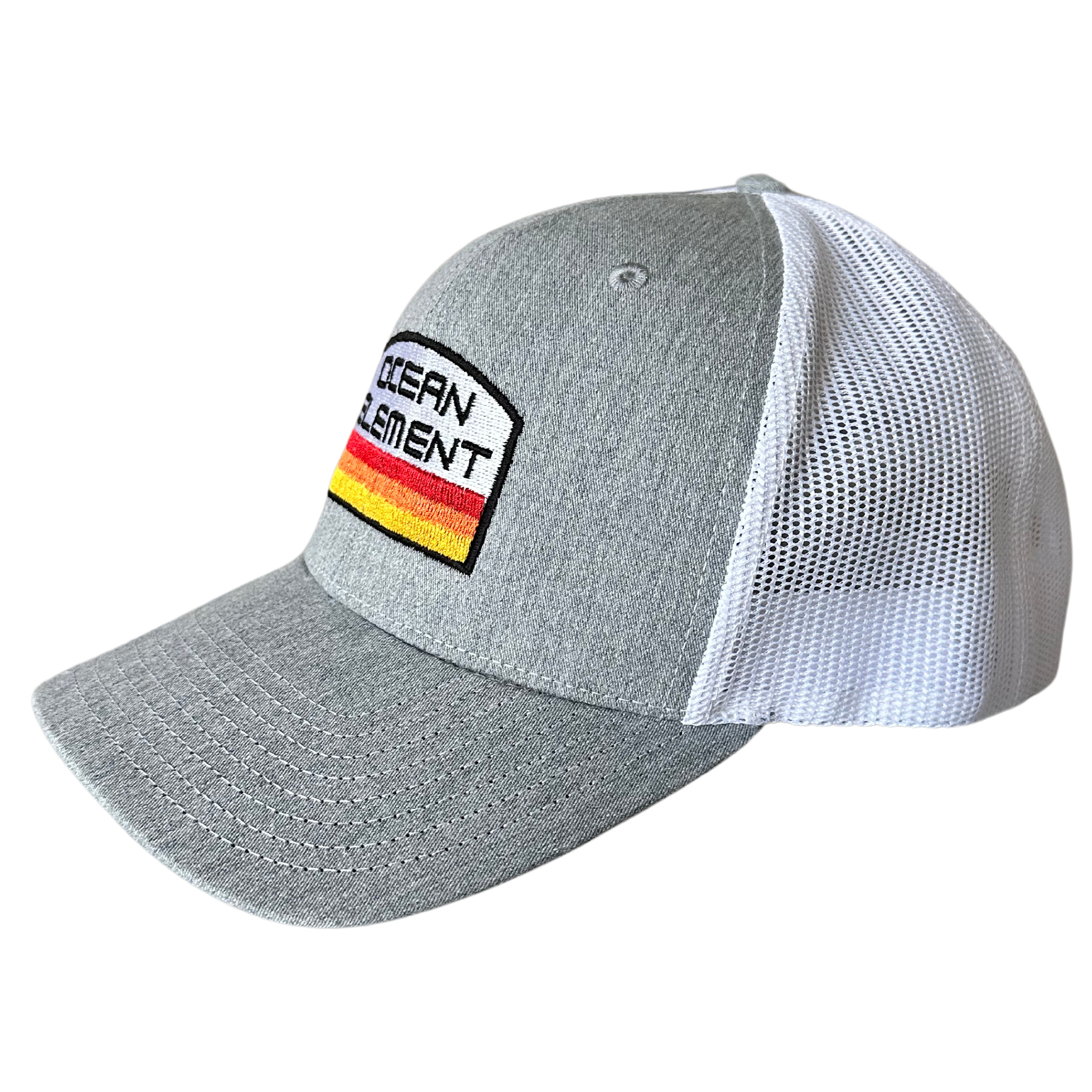 Sideview of white and heather grey trucker hat called ocean element with colorful ocean text and graphic embroidery.